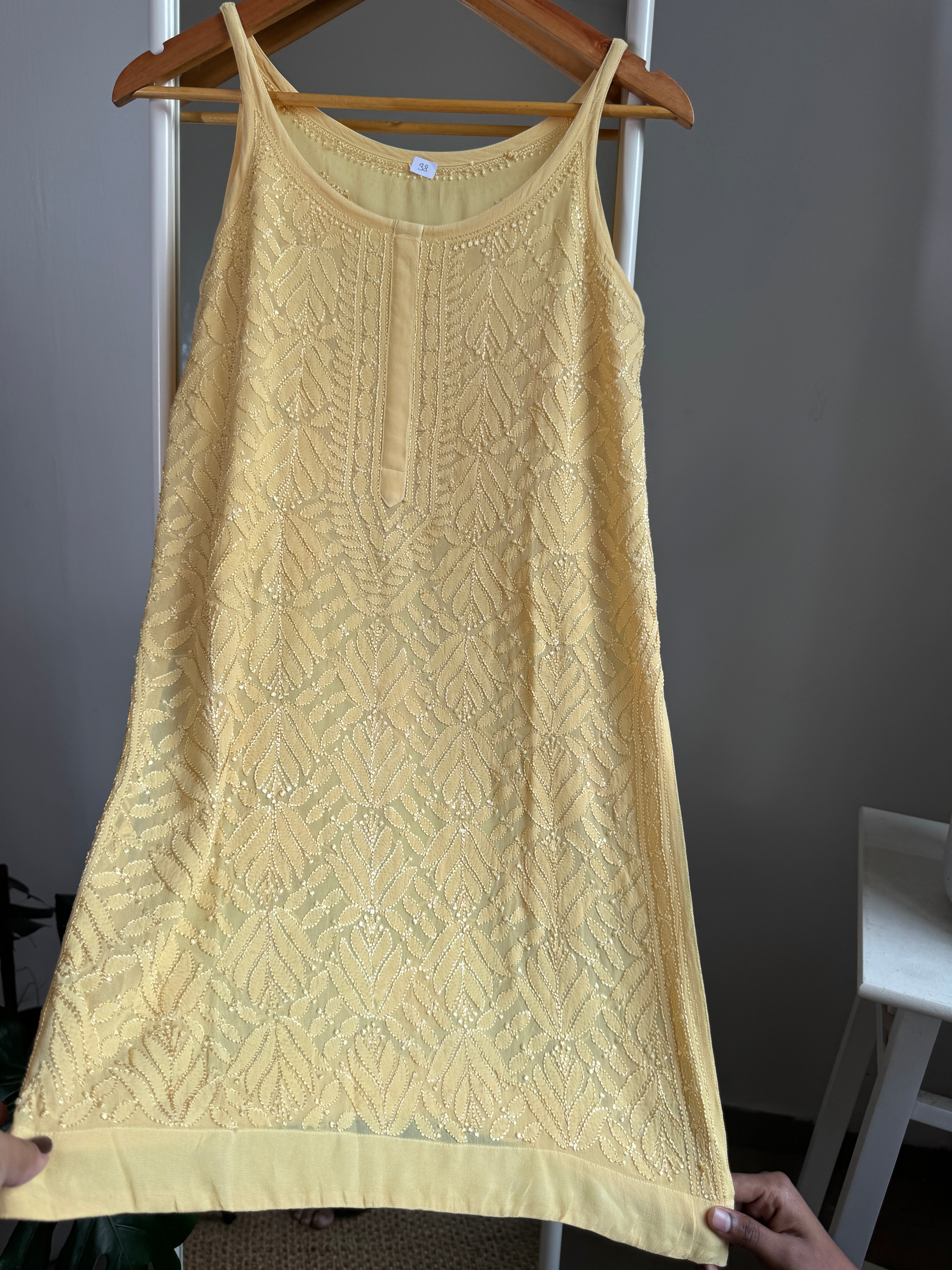 Chikankari Noodle Strap short Top in canary Yellow ARIAA CHIKANKARI 