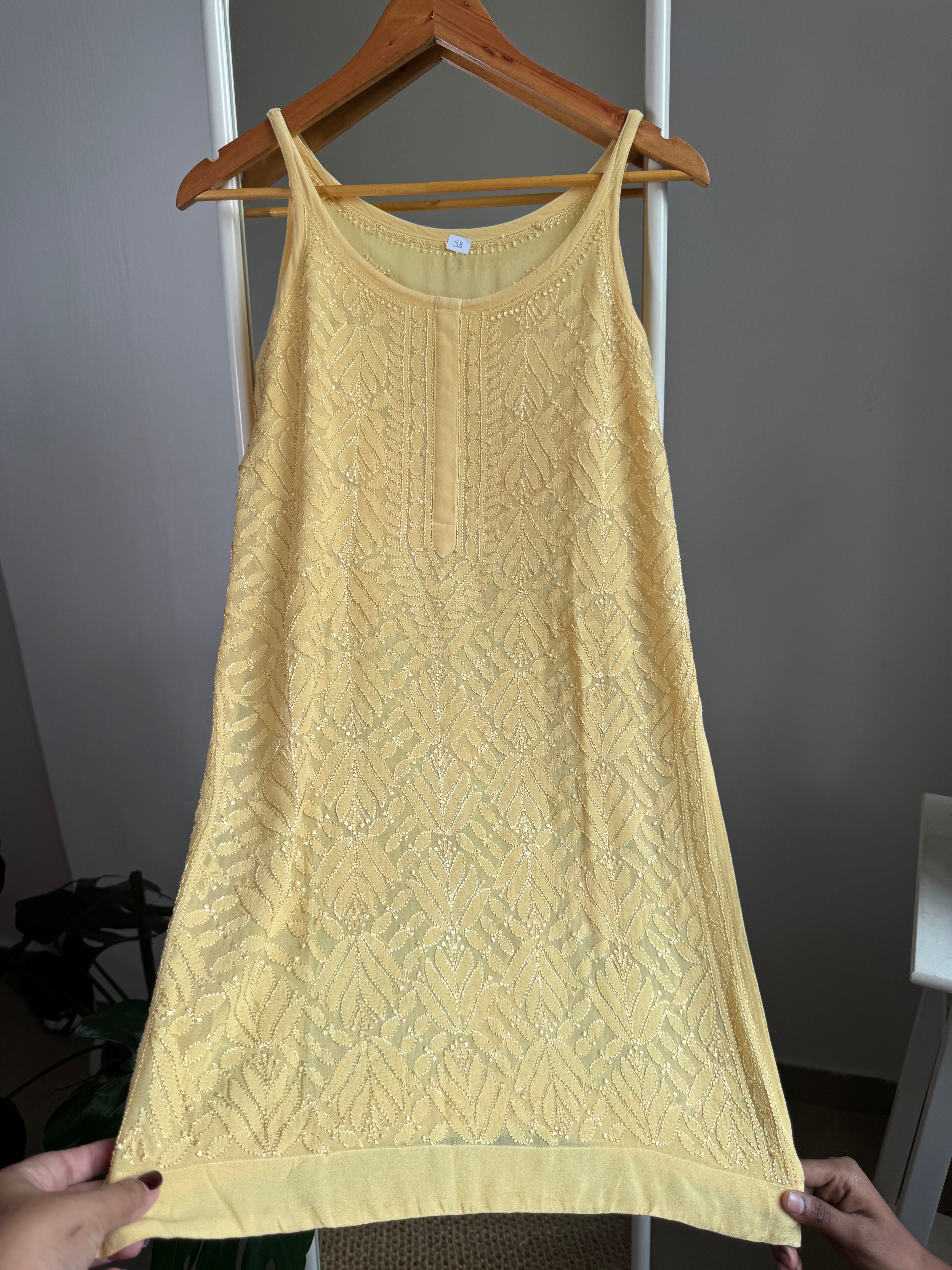 Chikankari Noodle Strap short Top in canary Yellow ARIAA CHIKANKARI 