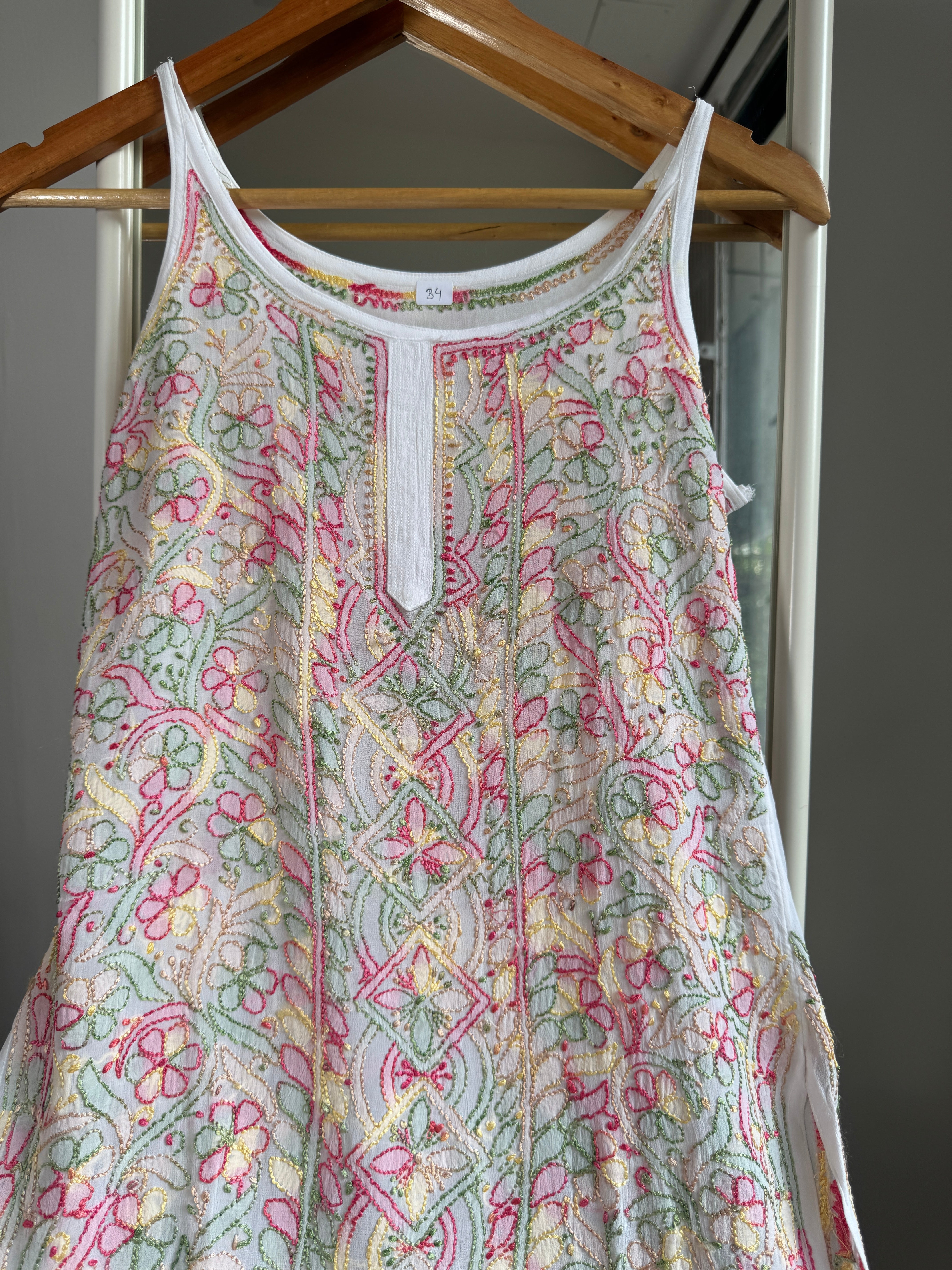 Chikankari Noodle Strap short Top in White - Multi Colour thread ARIAA CHIKANKARI 