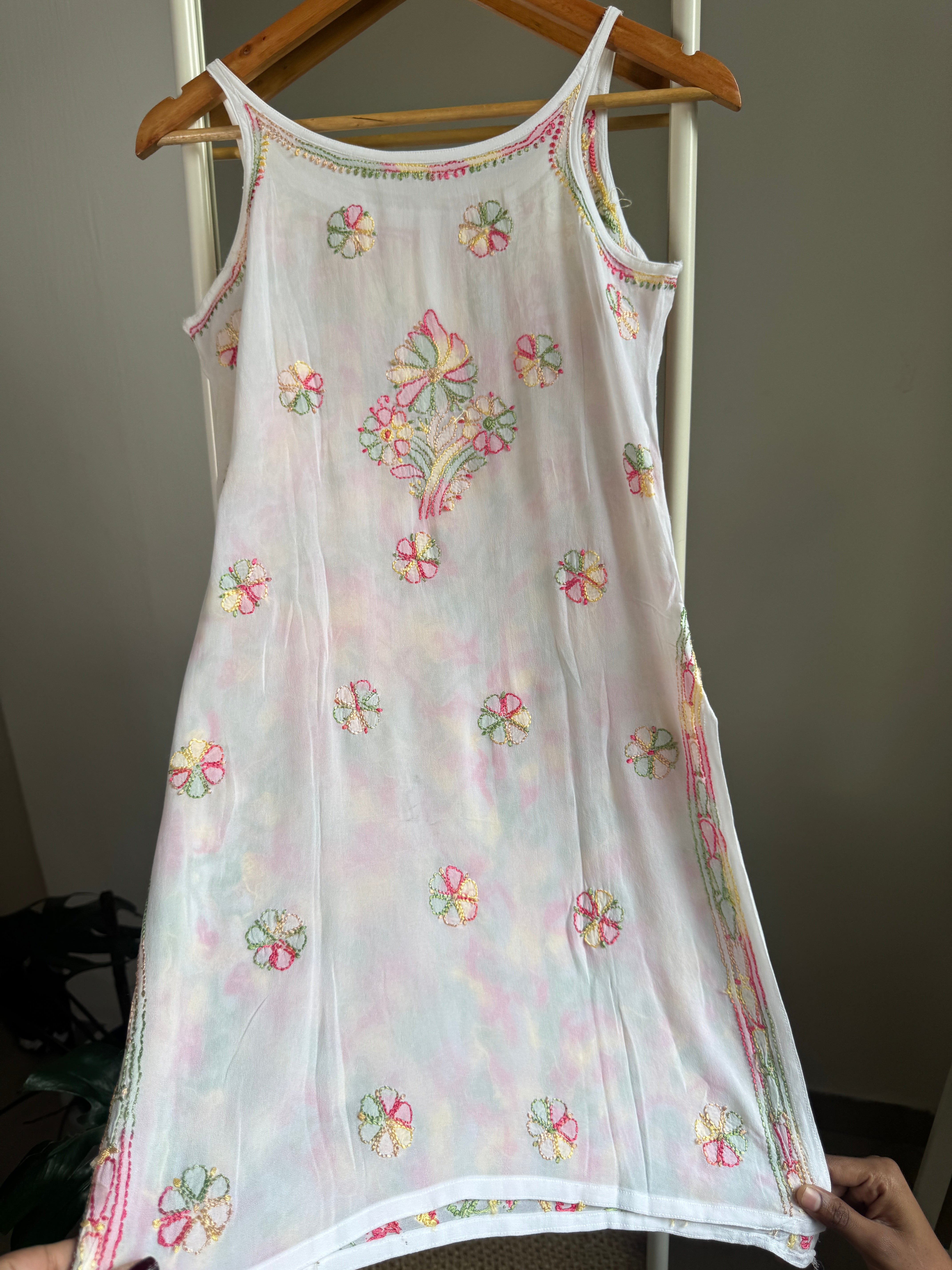 Chikankari Noodle Strap short Top in White - Multi Colour thread ARIAA CHIKANKARI 