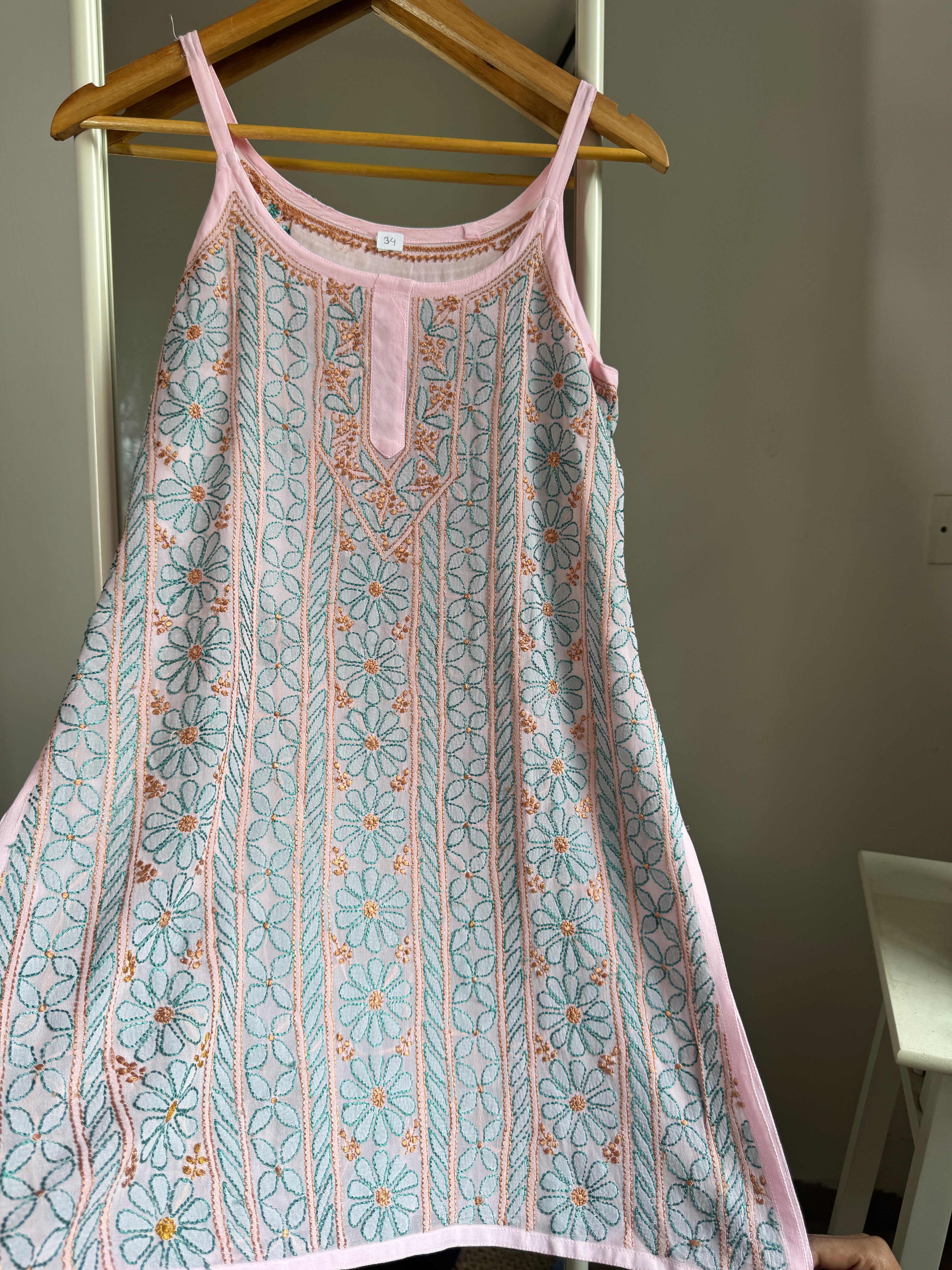 Chikankari Noodle Strap short Top in Pink - Multi Colour thread ARIAA CHIKANKARI 