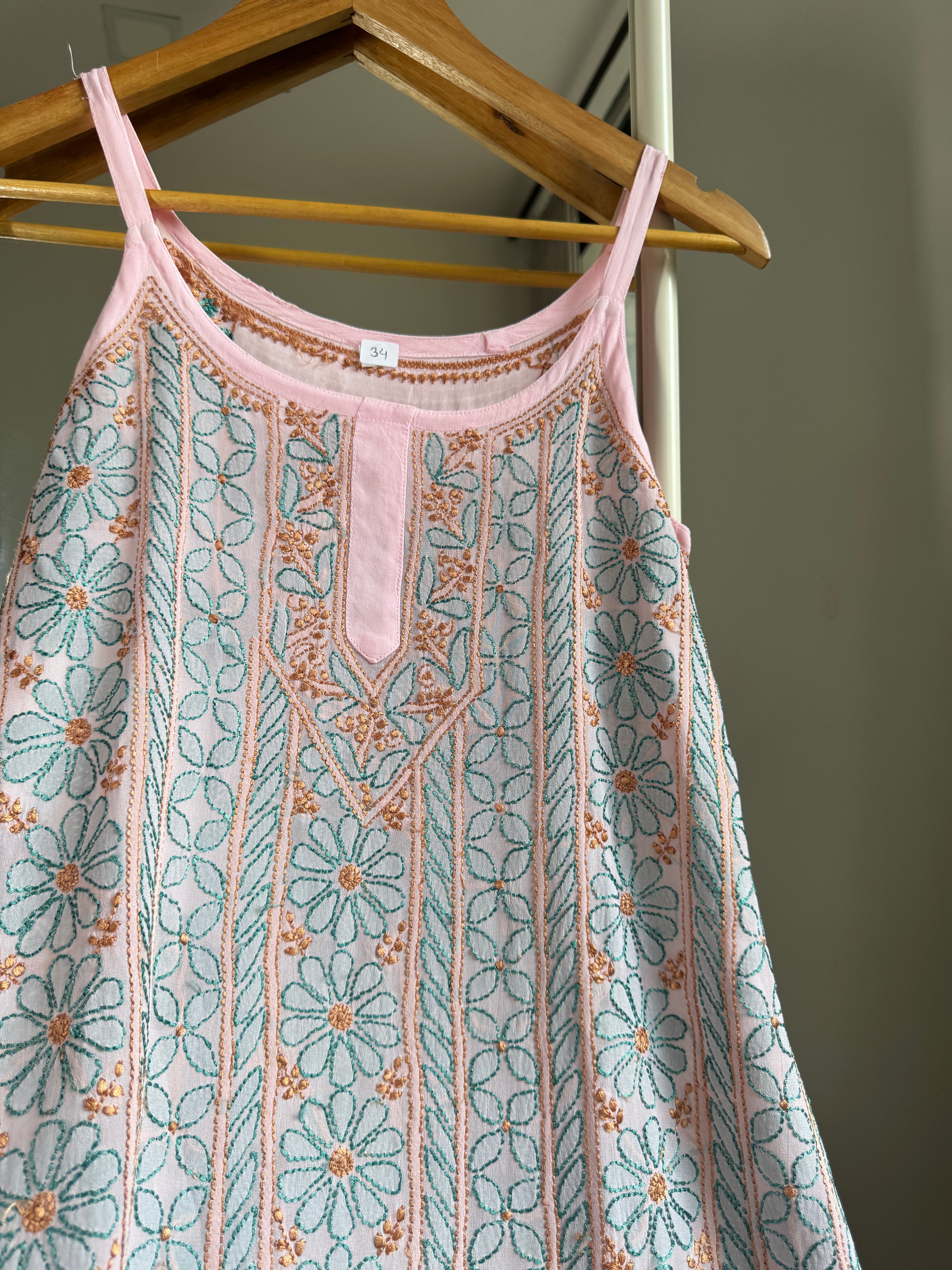 Chikankari Noodle Strap short Top in Pink - Multi Colour thread ARIAA CHIKANKARI 