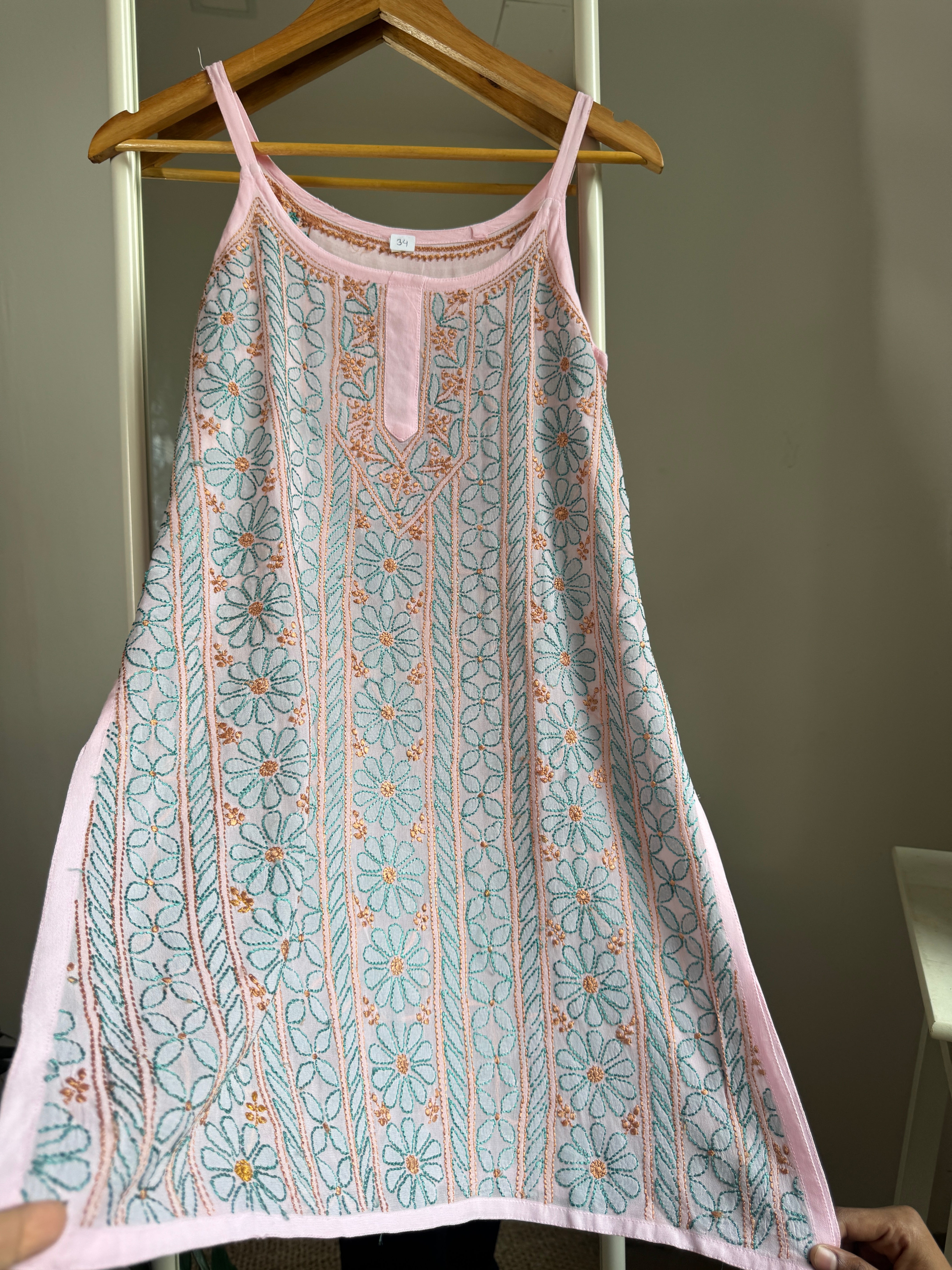 Chikankari Noodle Strap short Top in Pink - Multi Colour thread ARIAA CHIKANKARI 