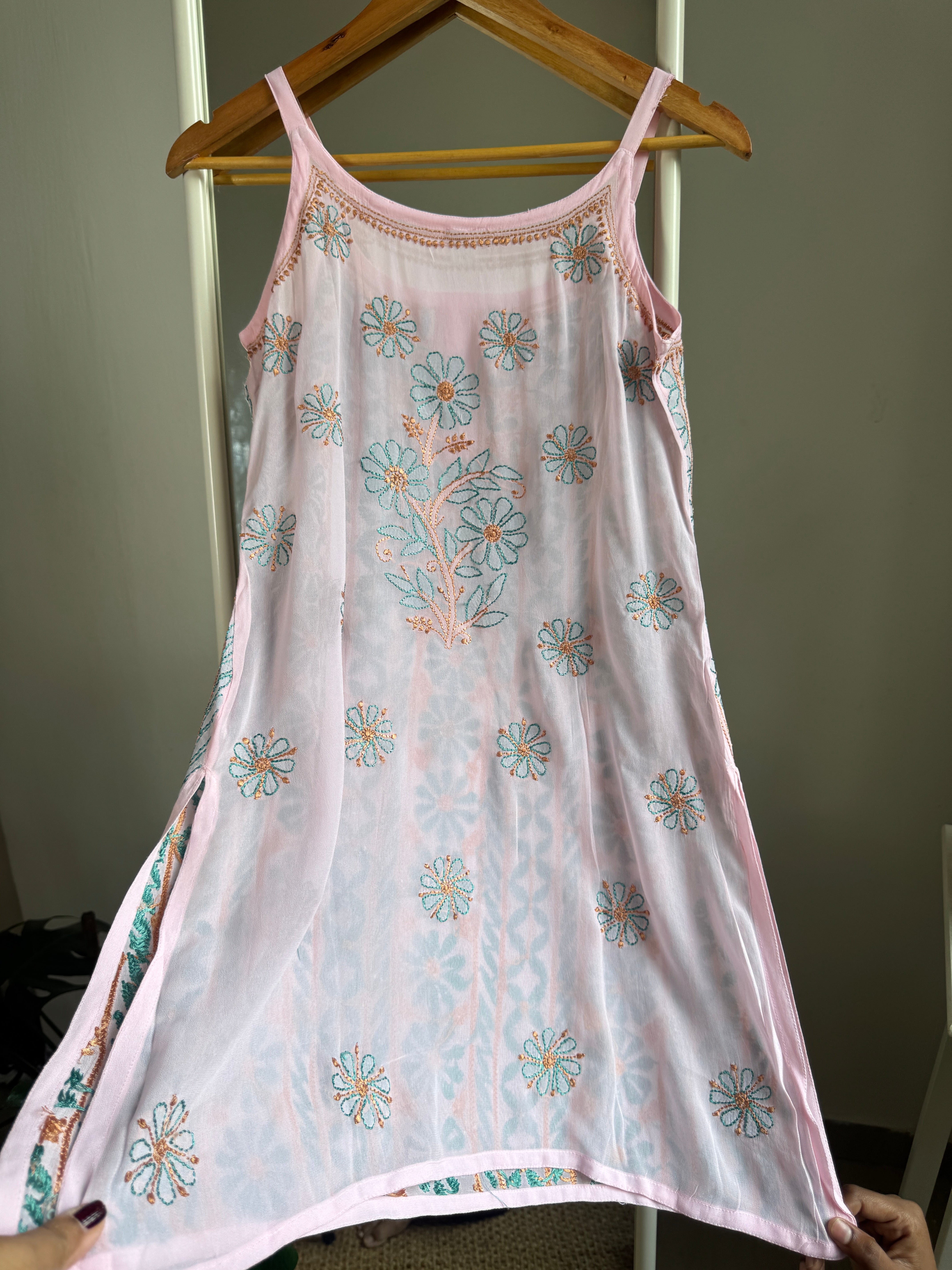 Chikankari Noodle Strap short Top in Pink - Multi Colour thread ARIAA CHIKANKARI 