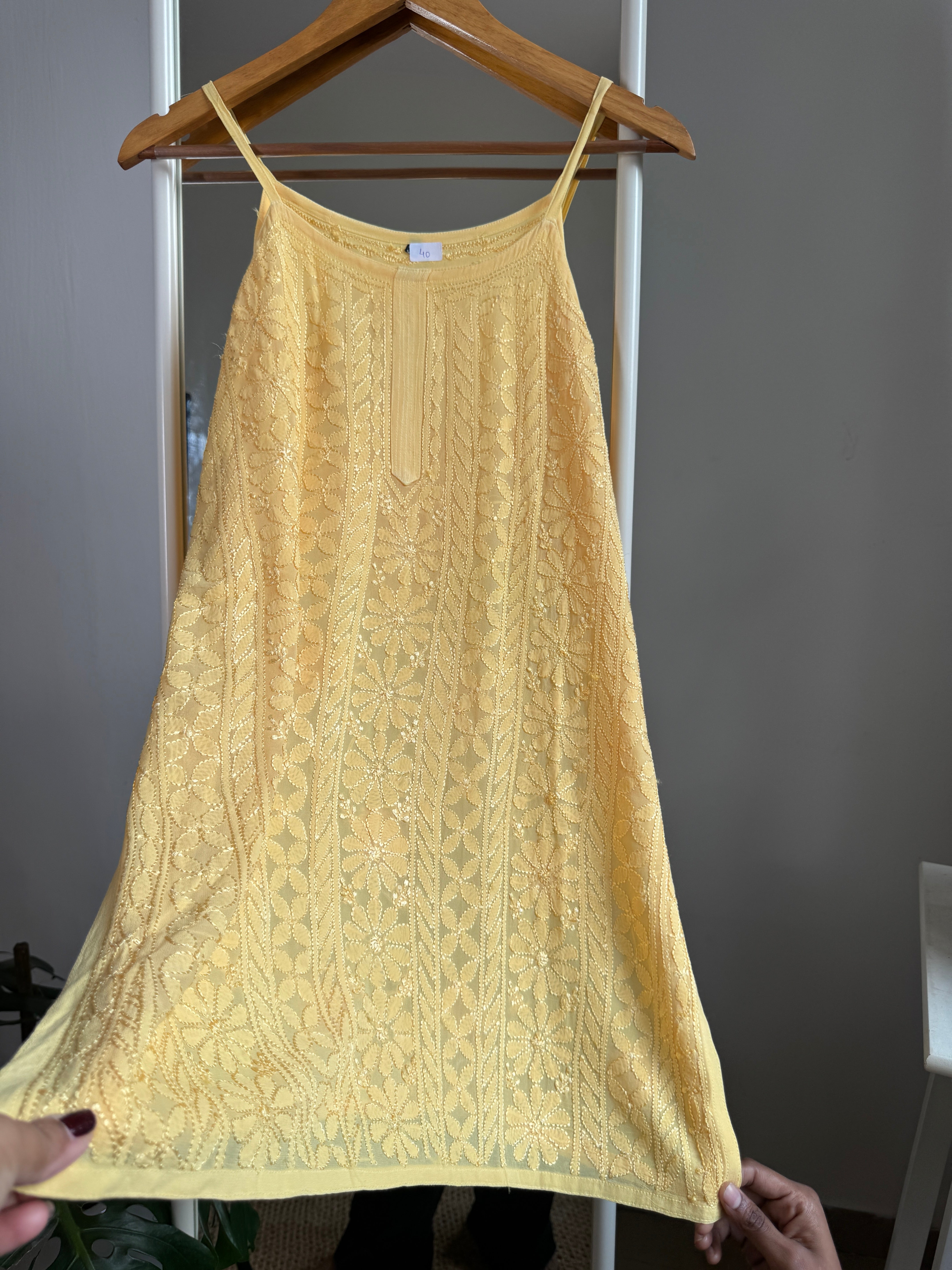 Chikankari Noodle Strap short Top in Bright Yellow ARIAA CHIKANKARI 