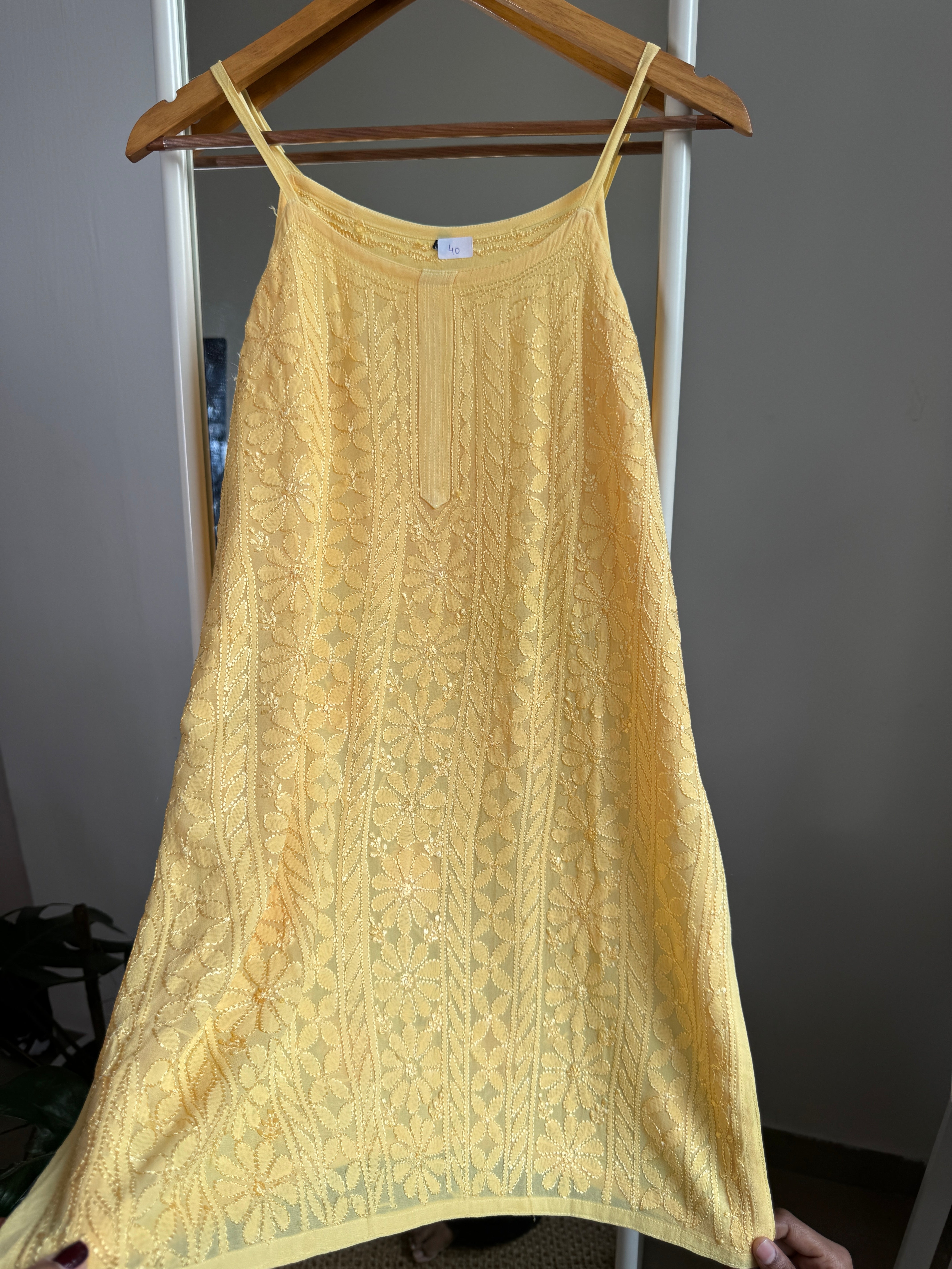 Chikankari Noodle Strap short Top in Bright Yellow ARIAA CHIKANKARI 