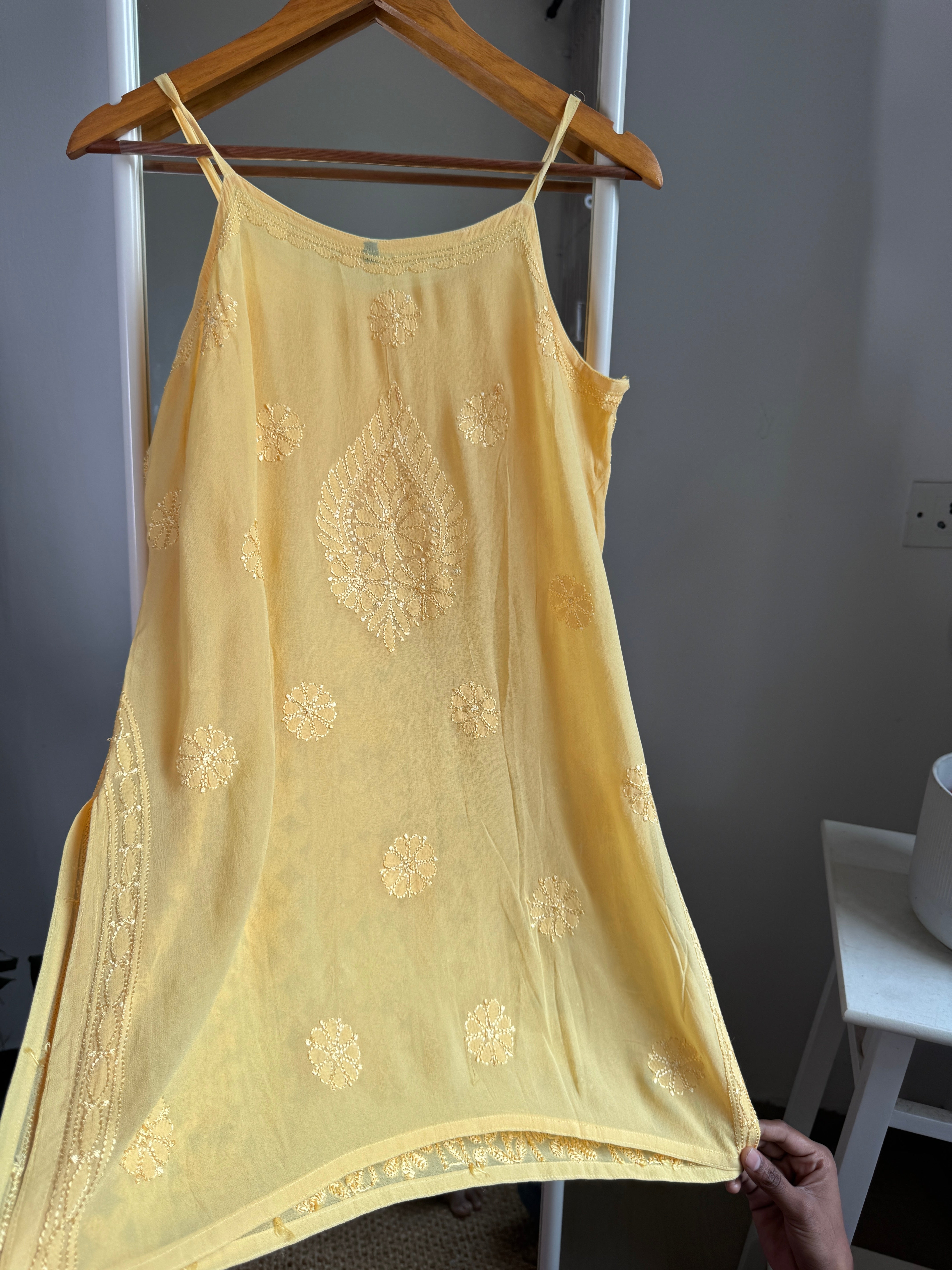 Chikankari Noodle Strap short Top in Bright Yellow ARIAA CHIKANKARI 