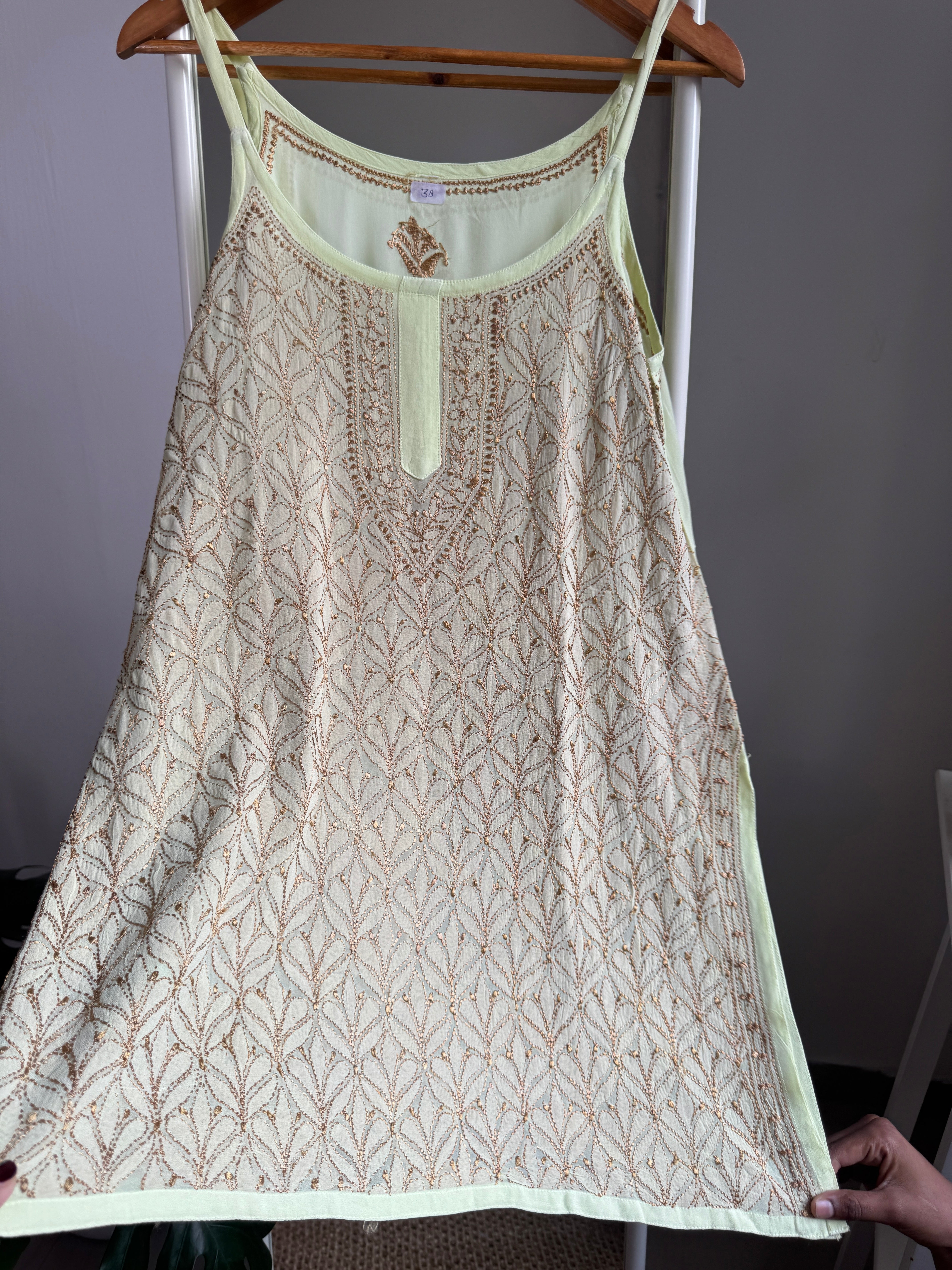 Chikankari Noodle Strap short Top in Green - Multi Colour thread ARIAA CHIKANKARI 