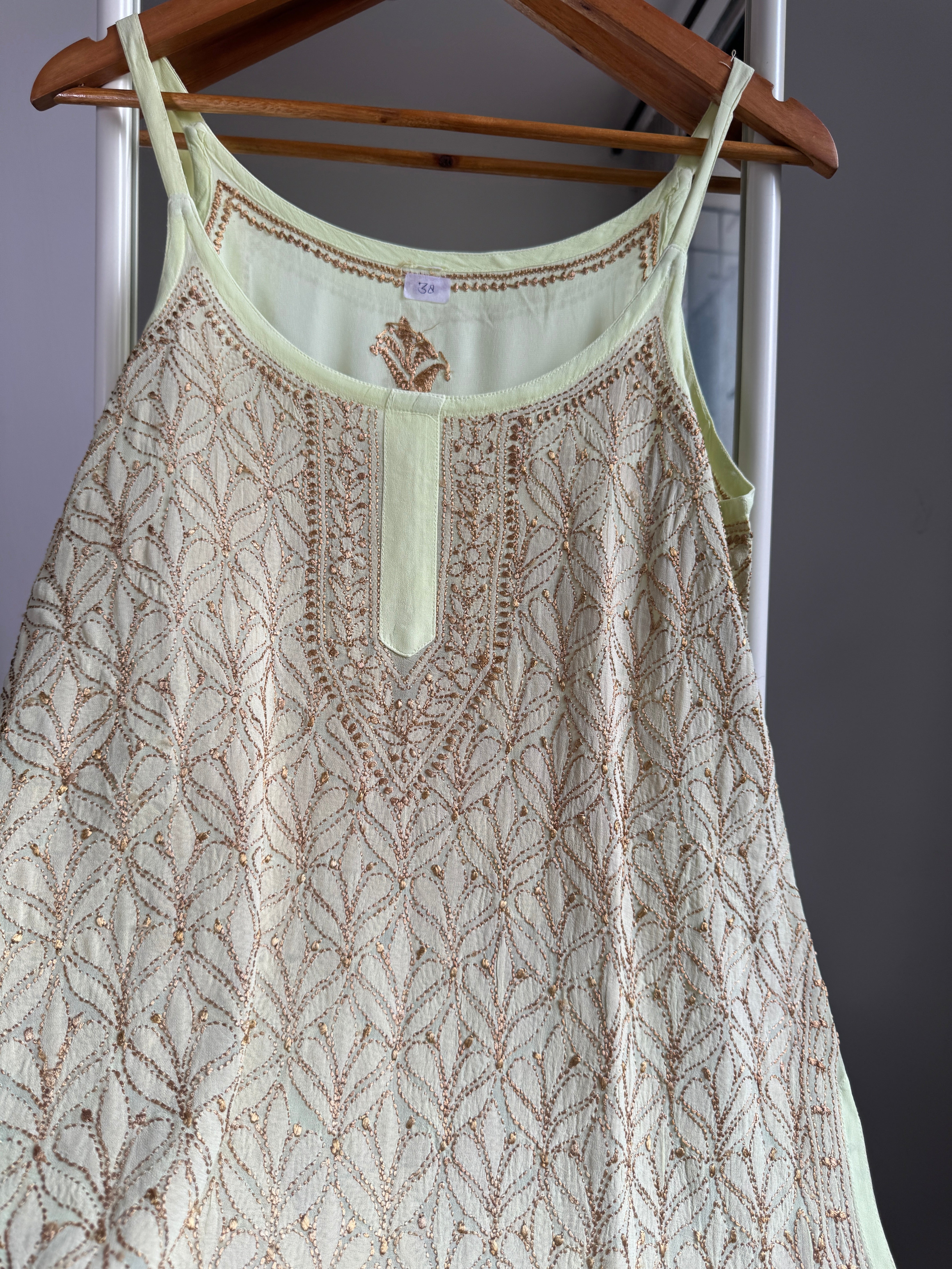 Chikankari Noodle Strap short Top in Green - Multi Colour thread ARIAA CHIKANKARI 