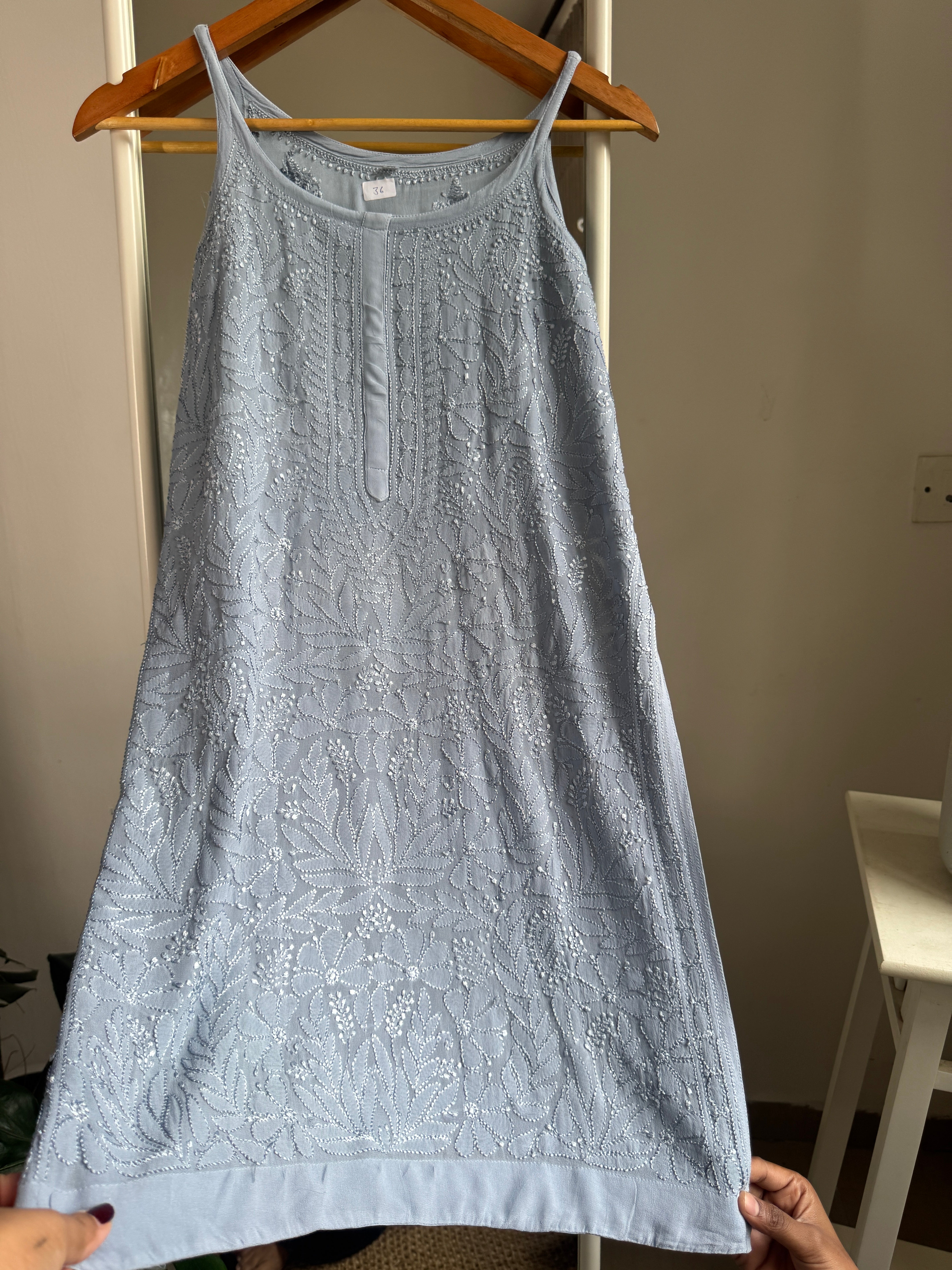 Chikankari Noodle Strap short Top in Grey ARIAA CHIKANKARI 