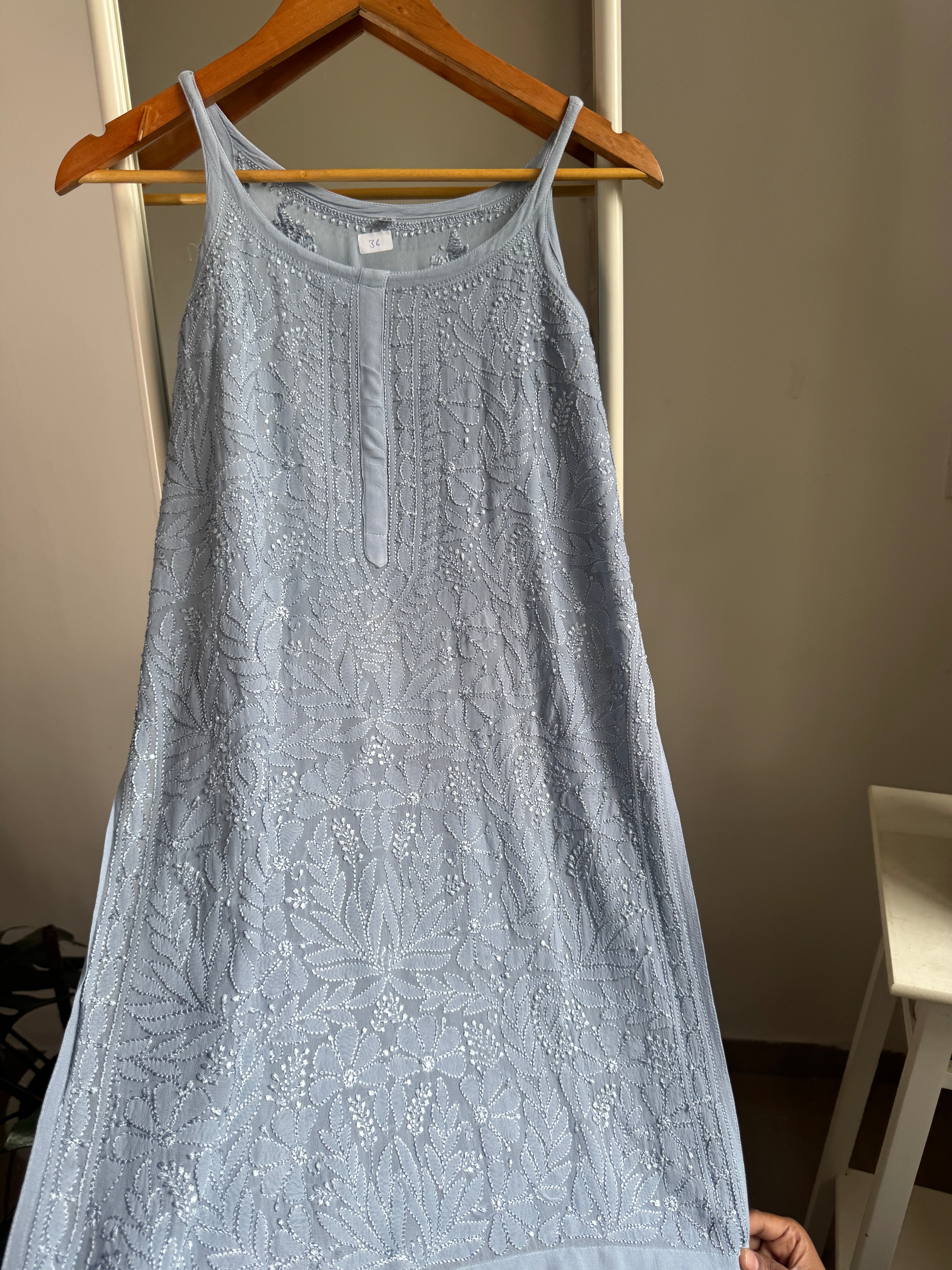 Chikankari Noodle Strap short Top in Grey ARIAA CHIKANKARI 