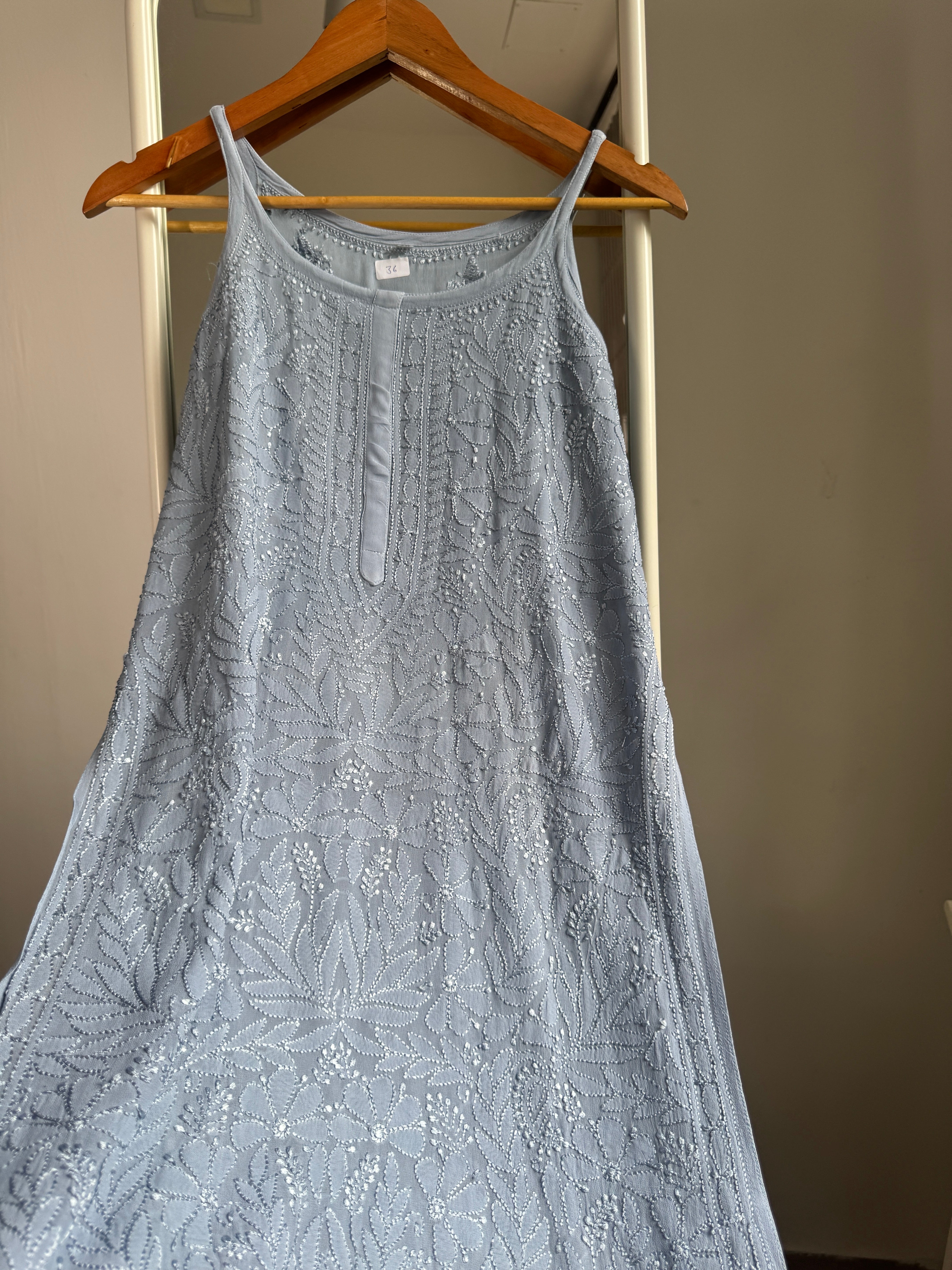 Chikankari Noodle Strap short Top in Grey ARIAA CHIKANKARI 