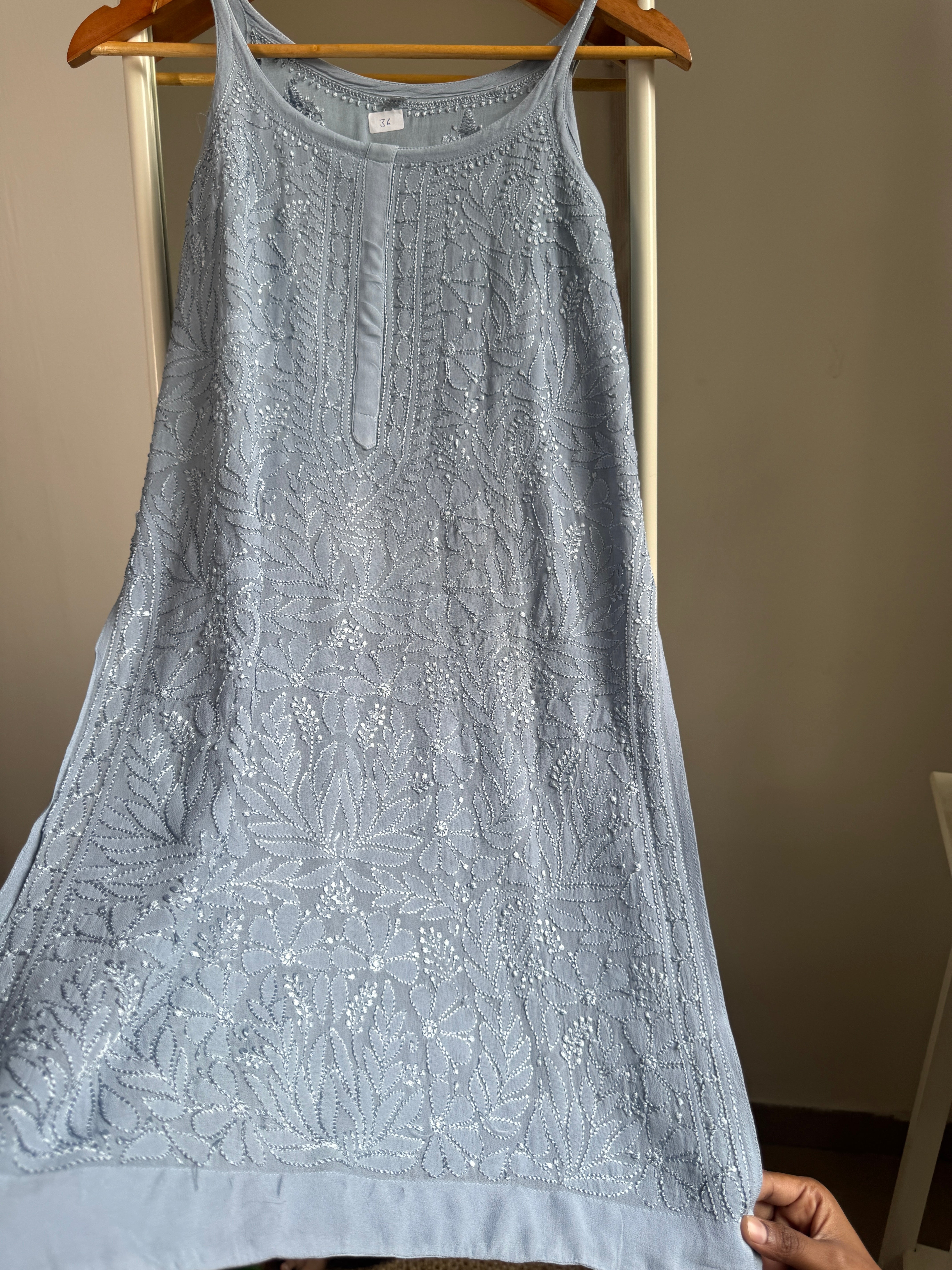Chikankari Noodle Strap short Top in Grey ARIAA CHIKANKARI 