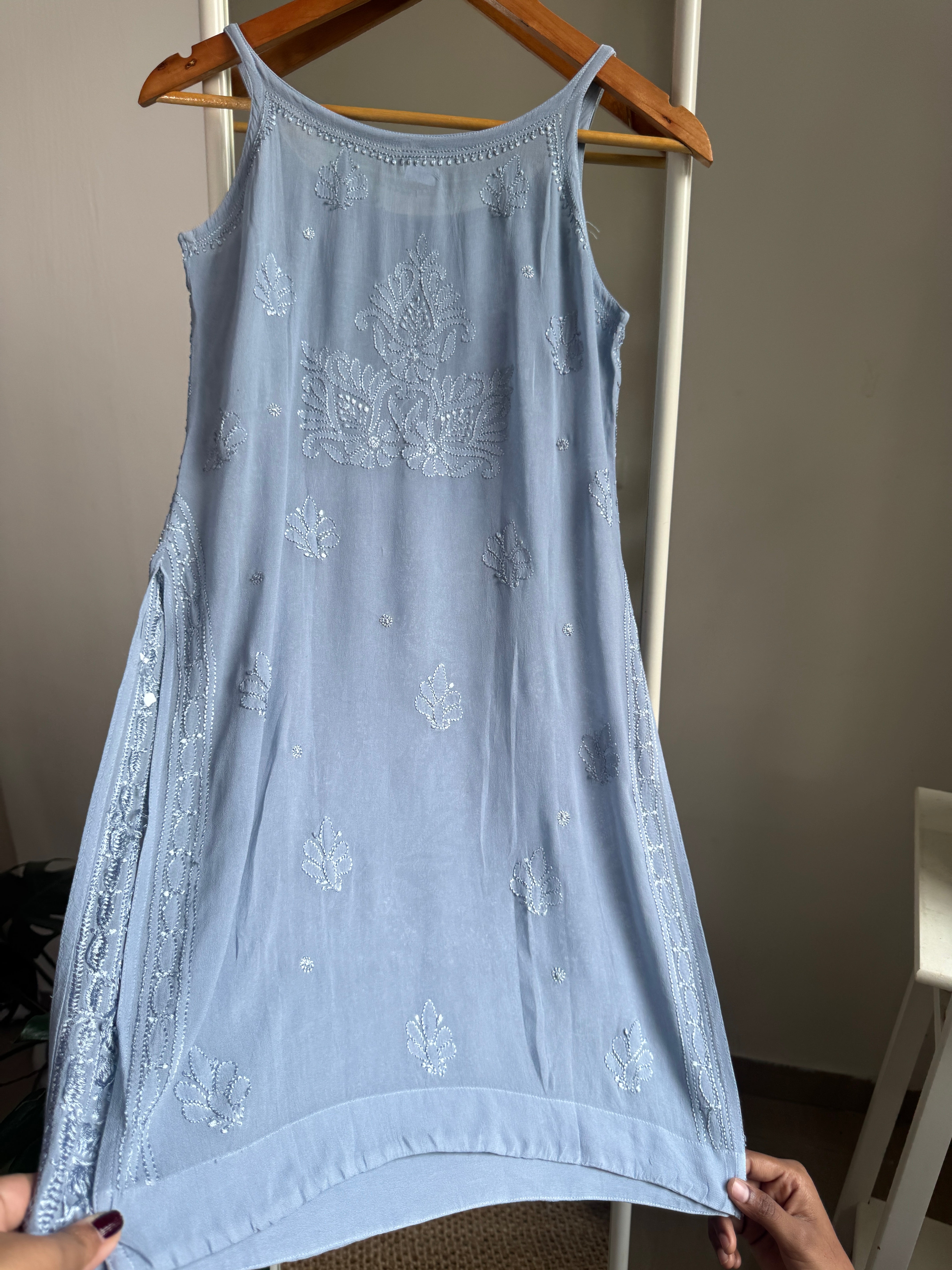 Chikankari Noodle Strap short Top in Grey ARIAA CHIKANKARI 