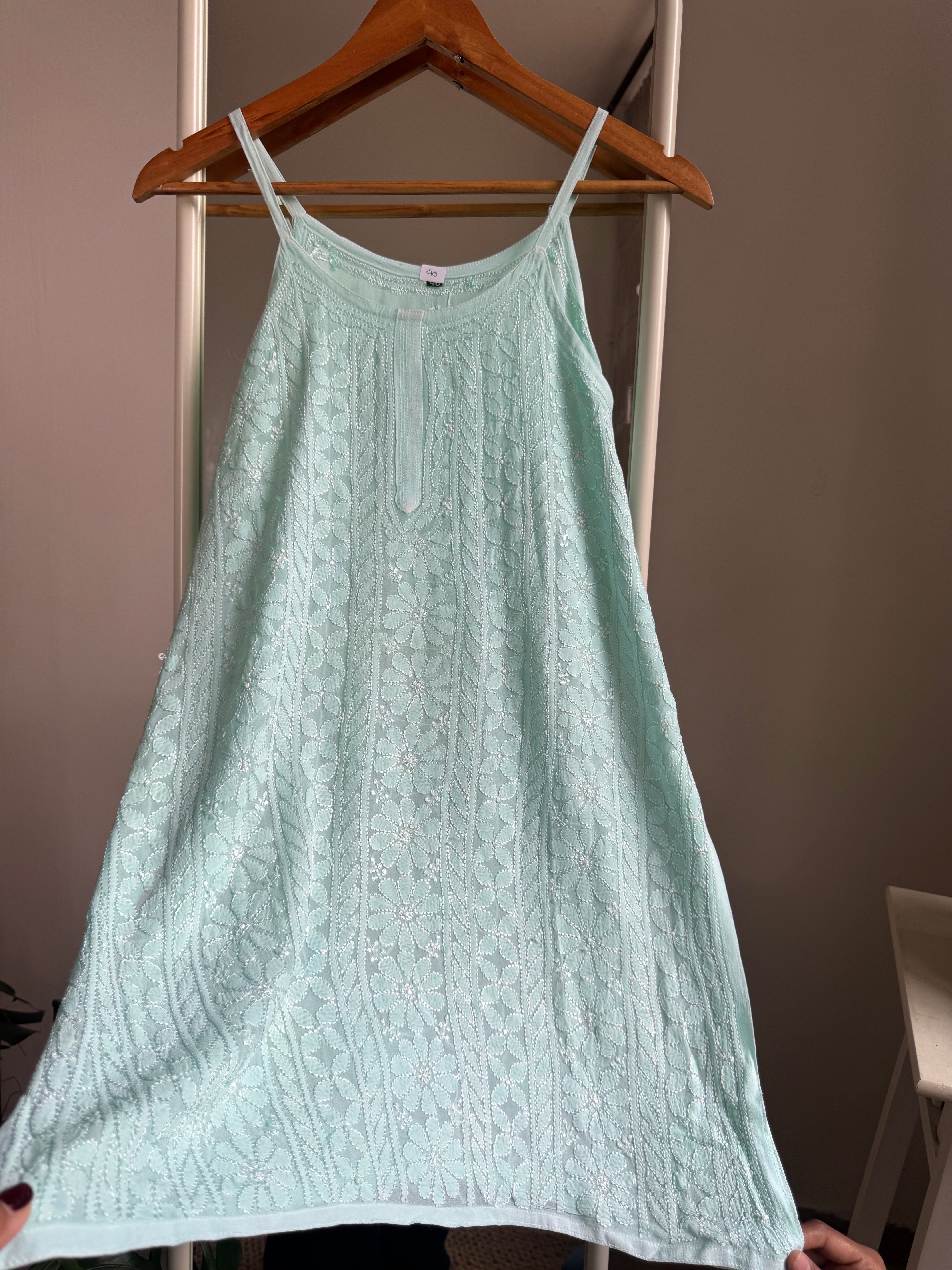 Chikankari Noodle Strap Top in Sea Green ARIAA CHIKANKARI 