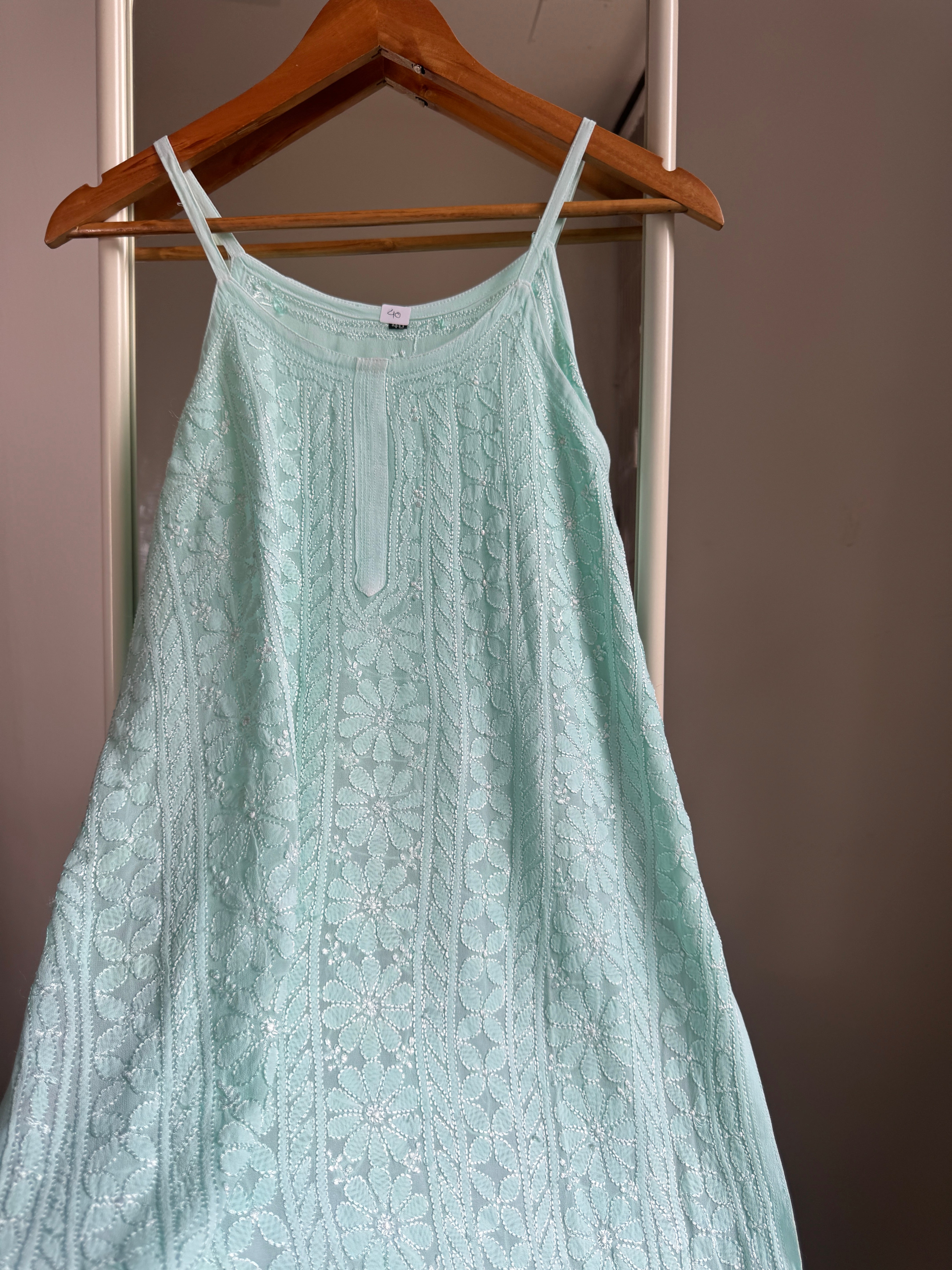 Chikankari Noodle Strap Top in Sea Green ARIAA CHIKANKARI 