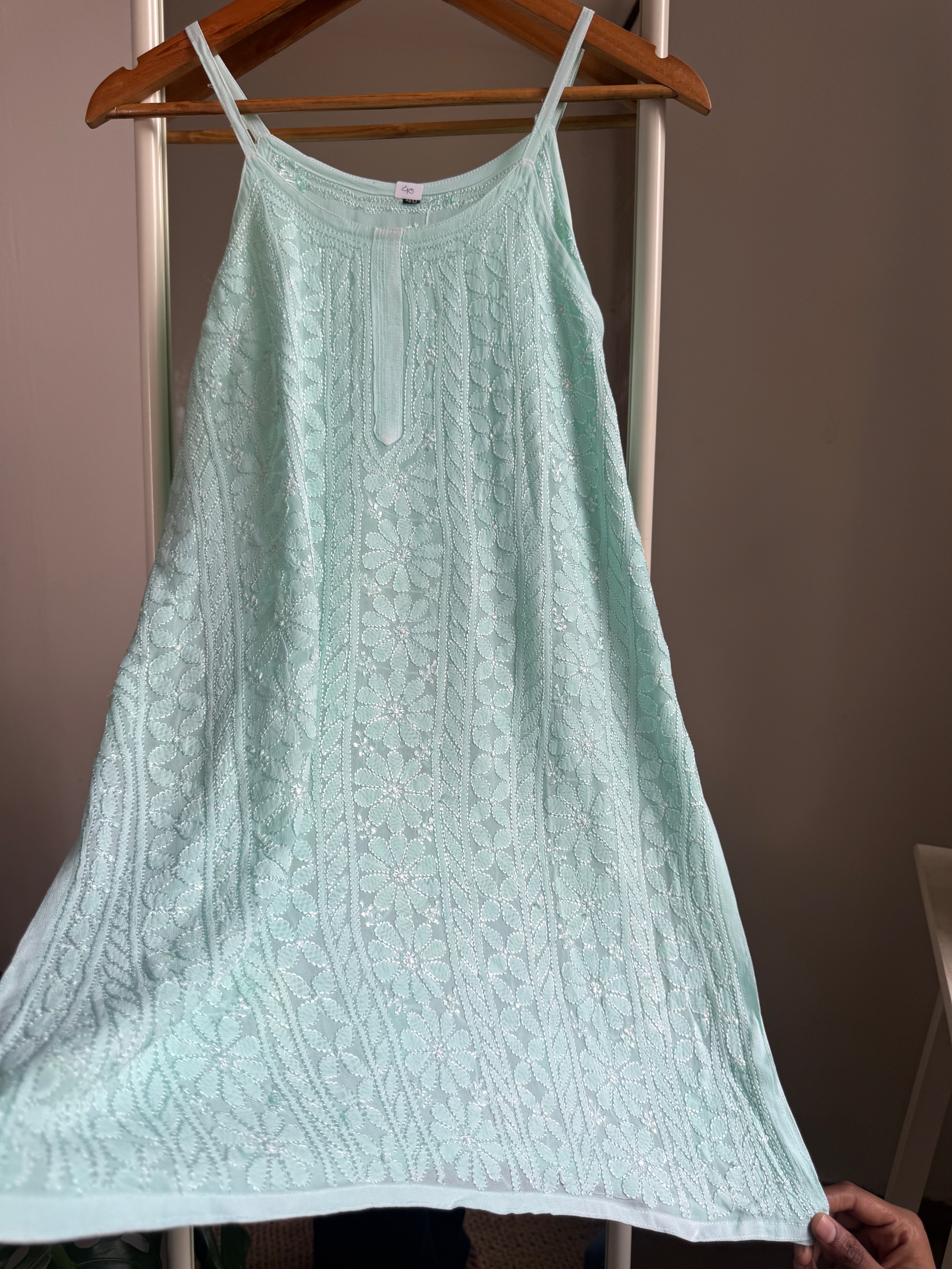 Chikankari Noodle Strap Top in Sea Green ARIAA CHIKANKARI 