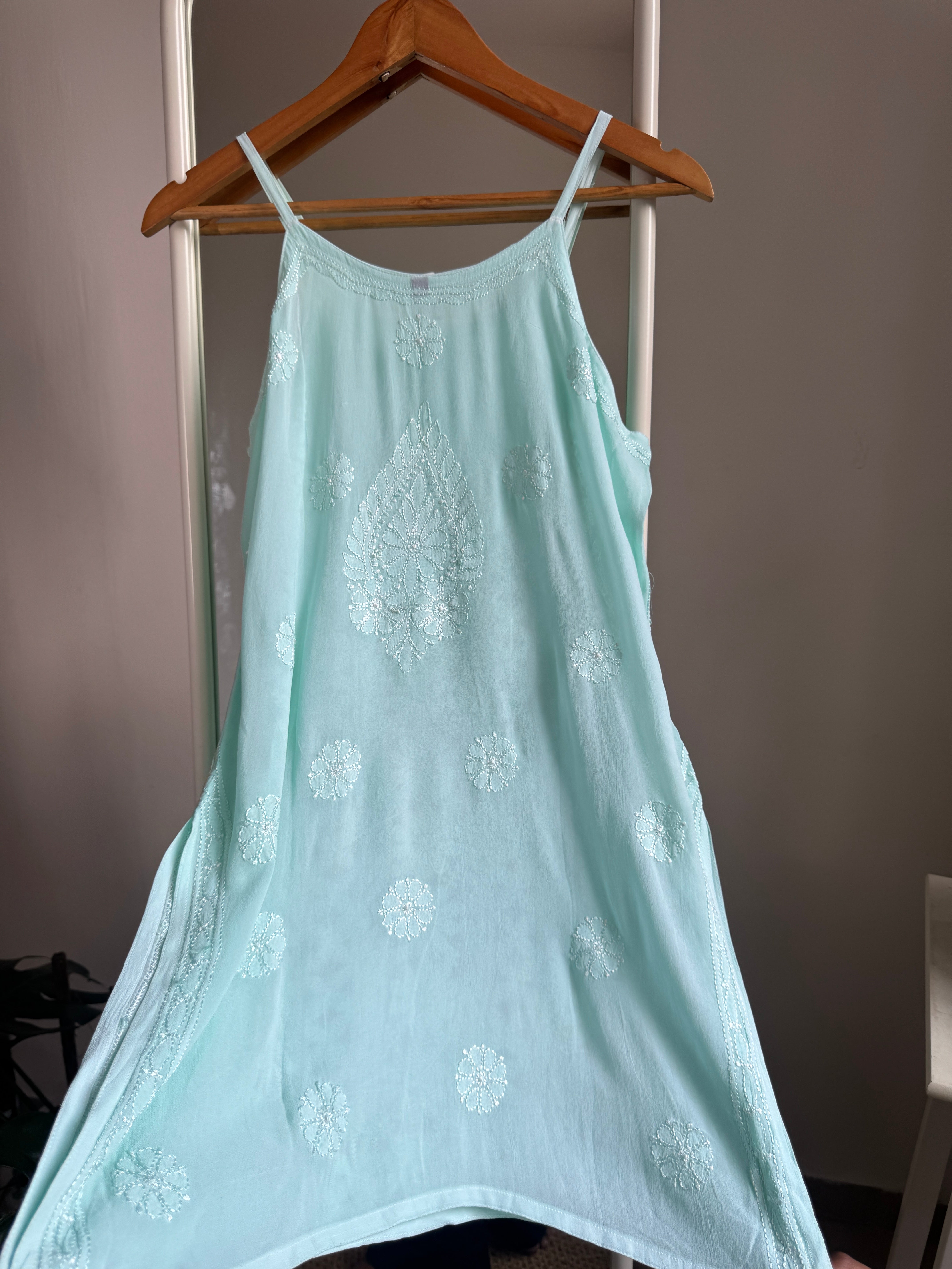 Chikankari Noodle Strap Top in Sea Green ARIAA CHIKANKARI 