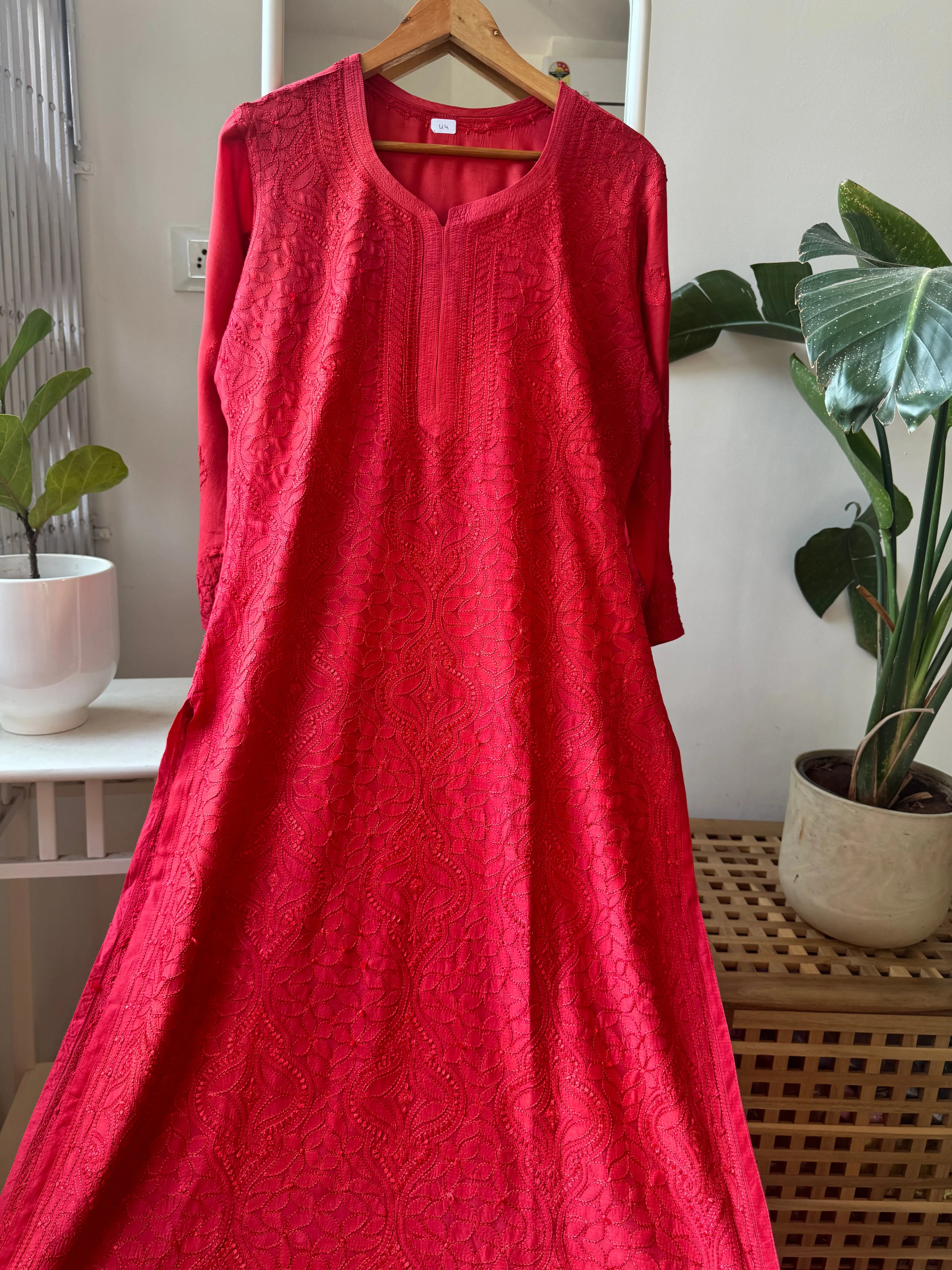 Muslin Chikankari Kurti - Red ARIAA CHIKANKARI 