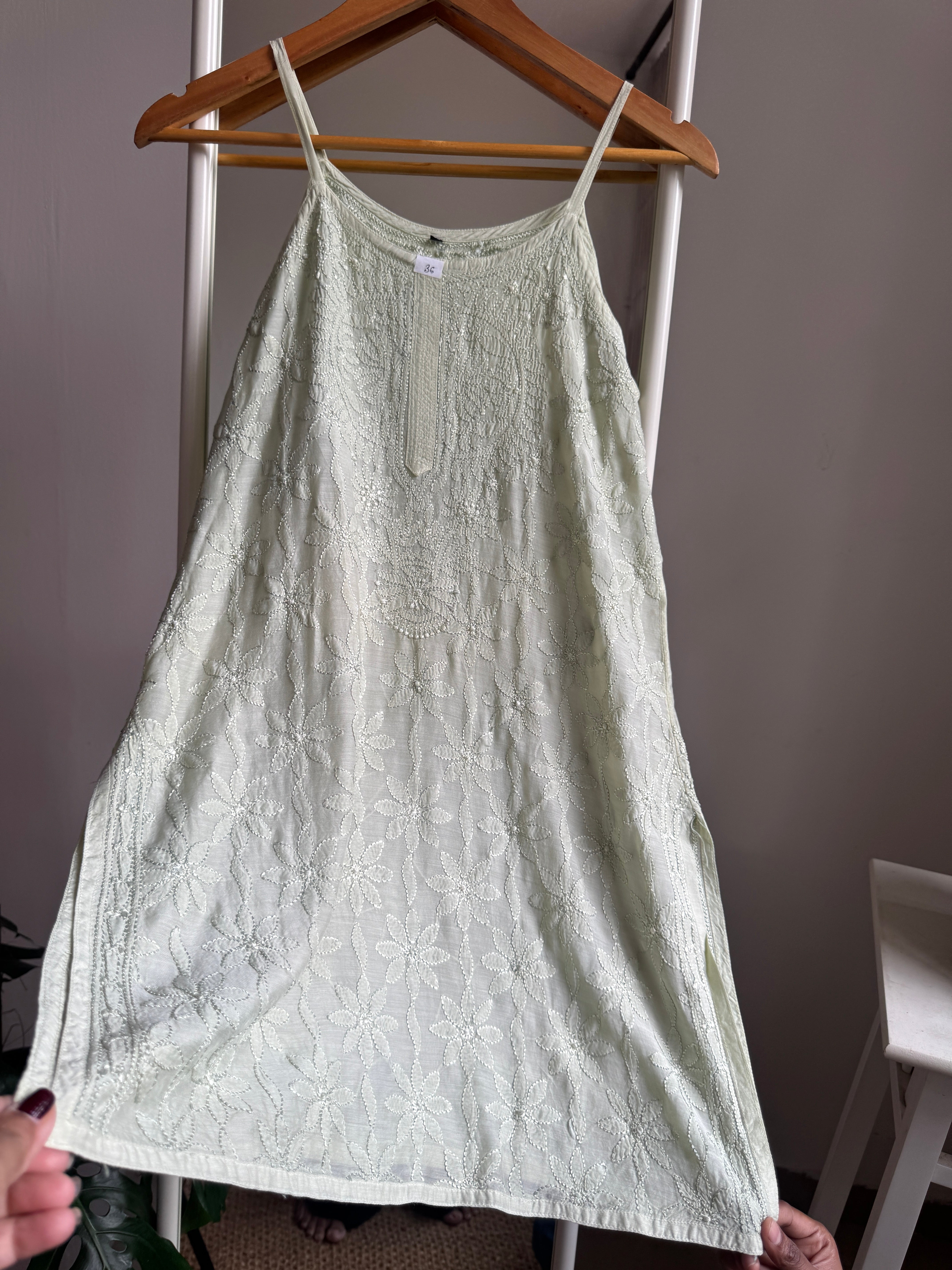 Muslin Chikankari Noodle Strap short Top - Sheen Green ARIAA CHIKANKARI 