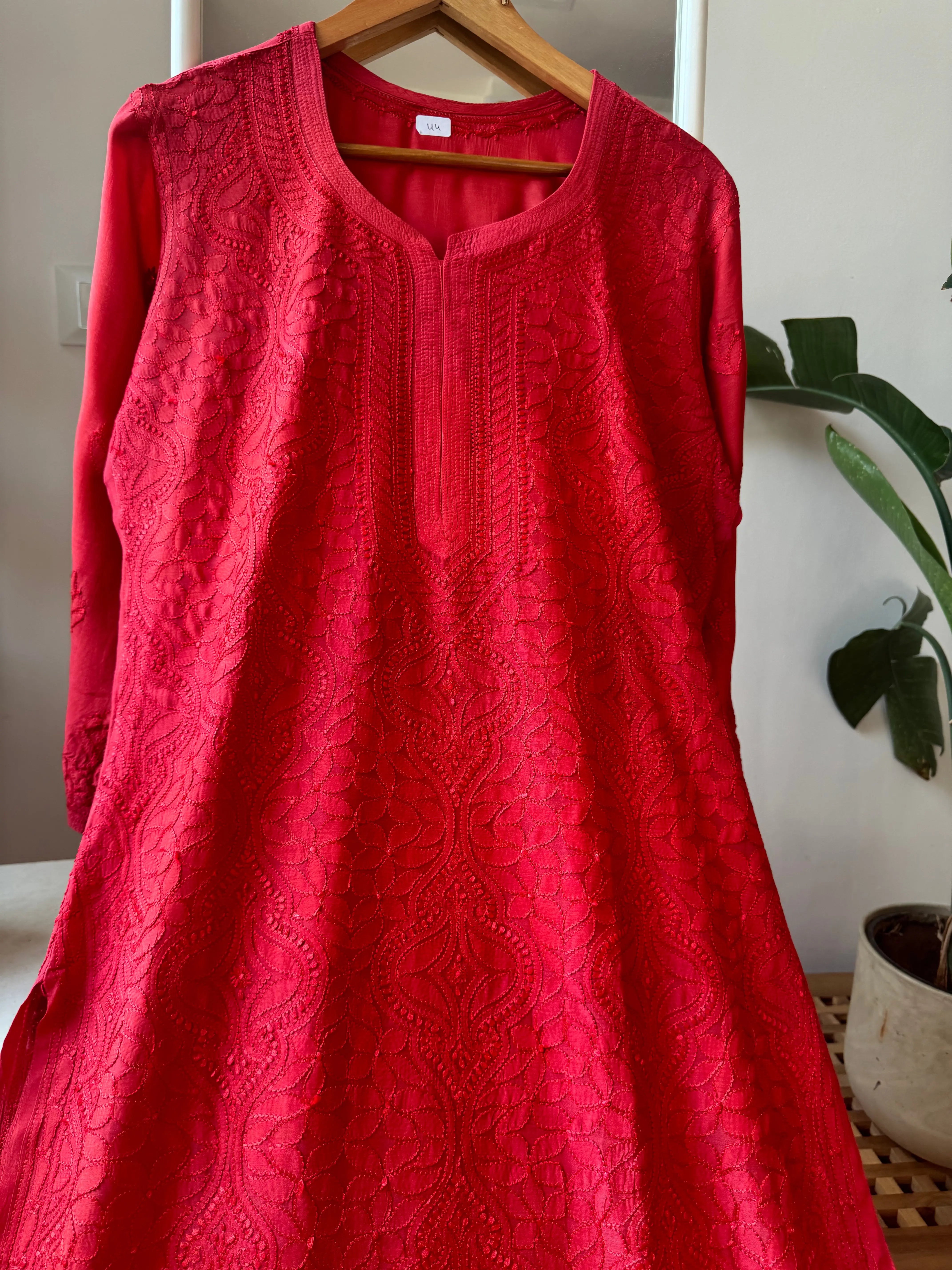 Muslin Chikankari Kurti - Red ARIAA CHIKANKARI 