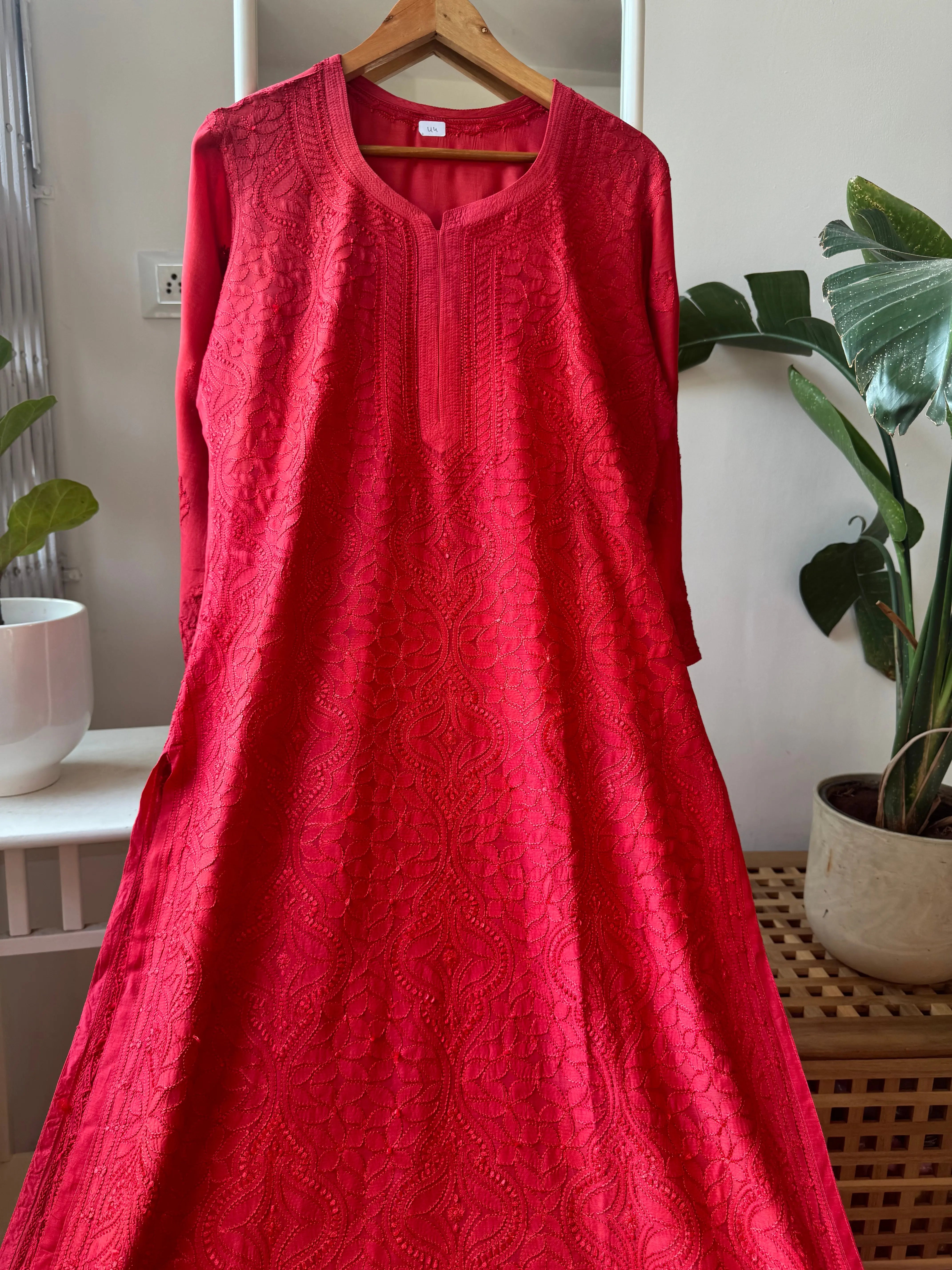 Muslin Chikankari Kurti - Red ARIAA CHIKANKARI 