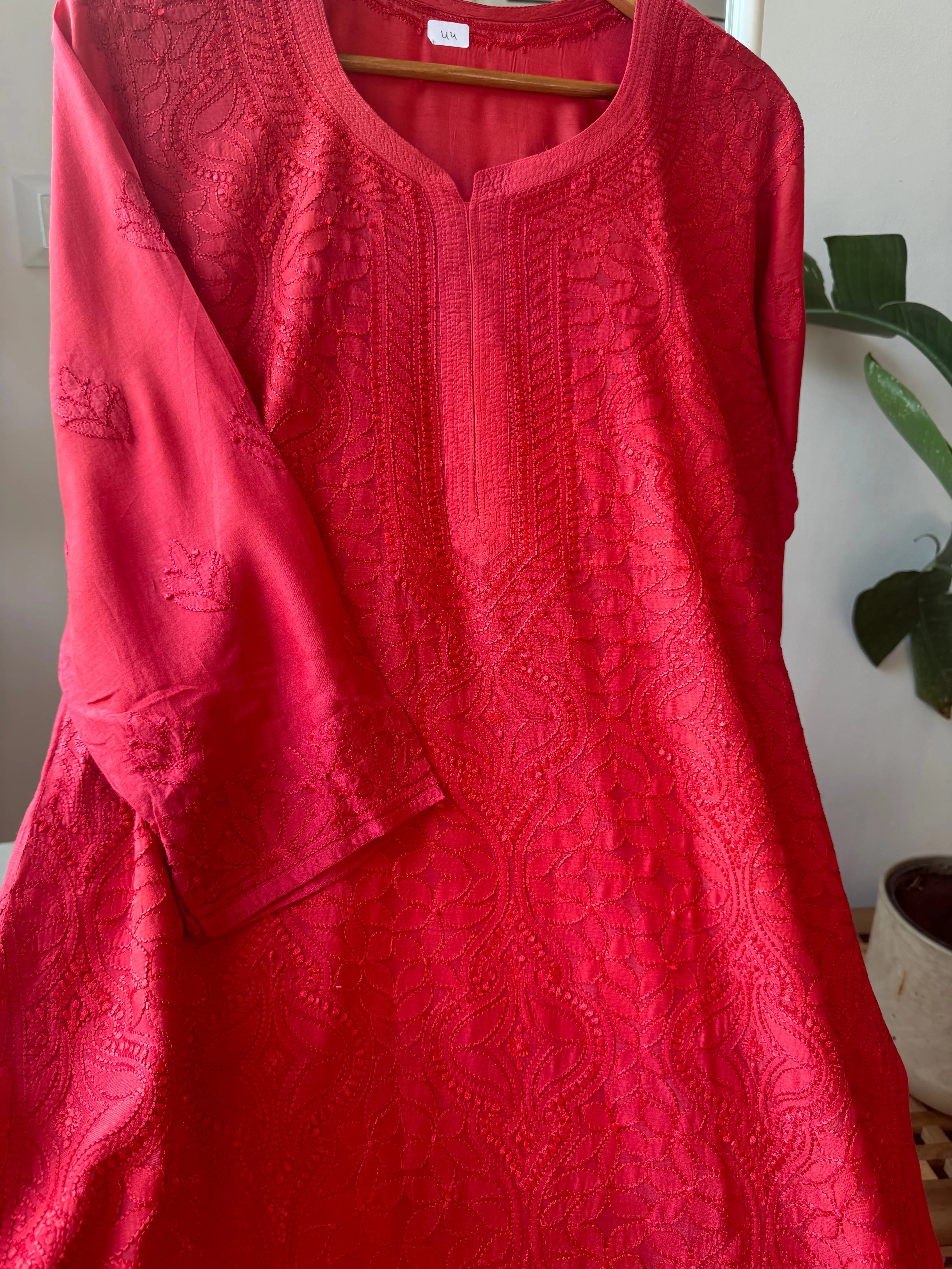 Muslin Chikankari Kurti - Red ARIAA CHIKANKARI 