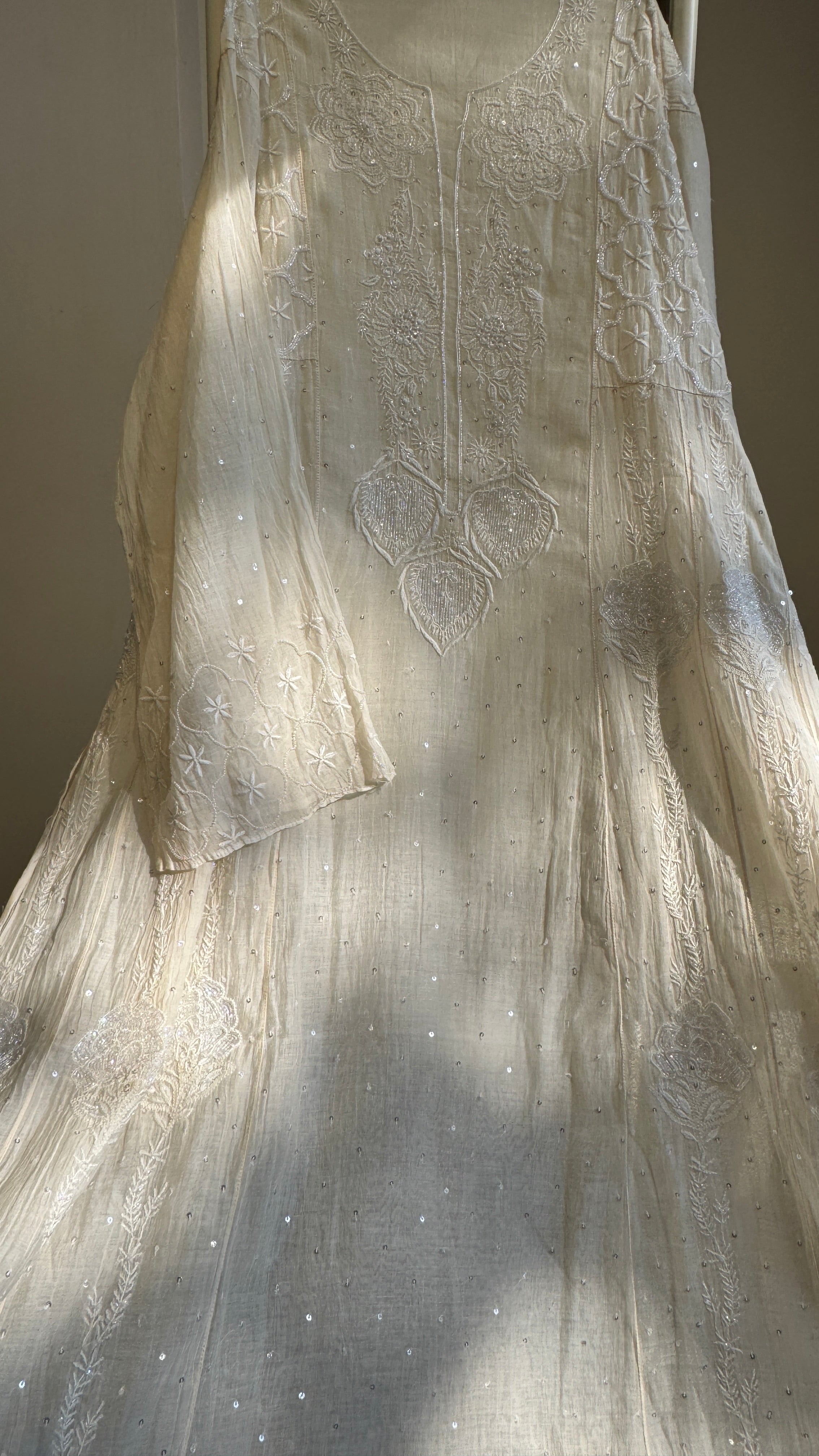 Mul Chanderi Chikankari Anarkali - White