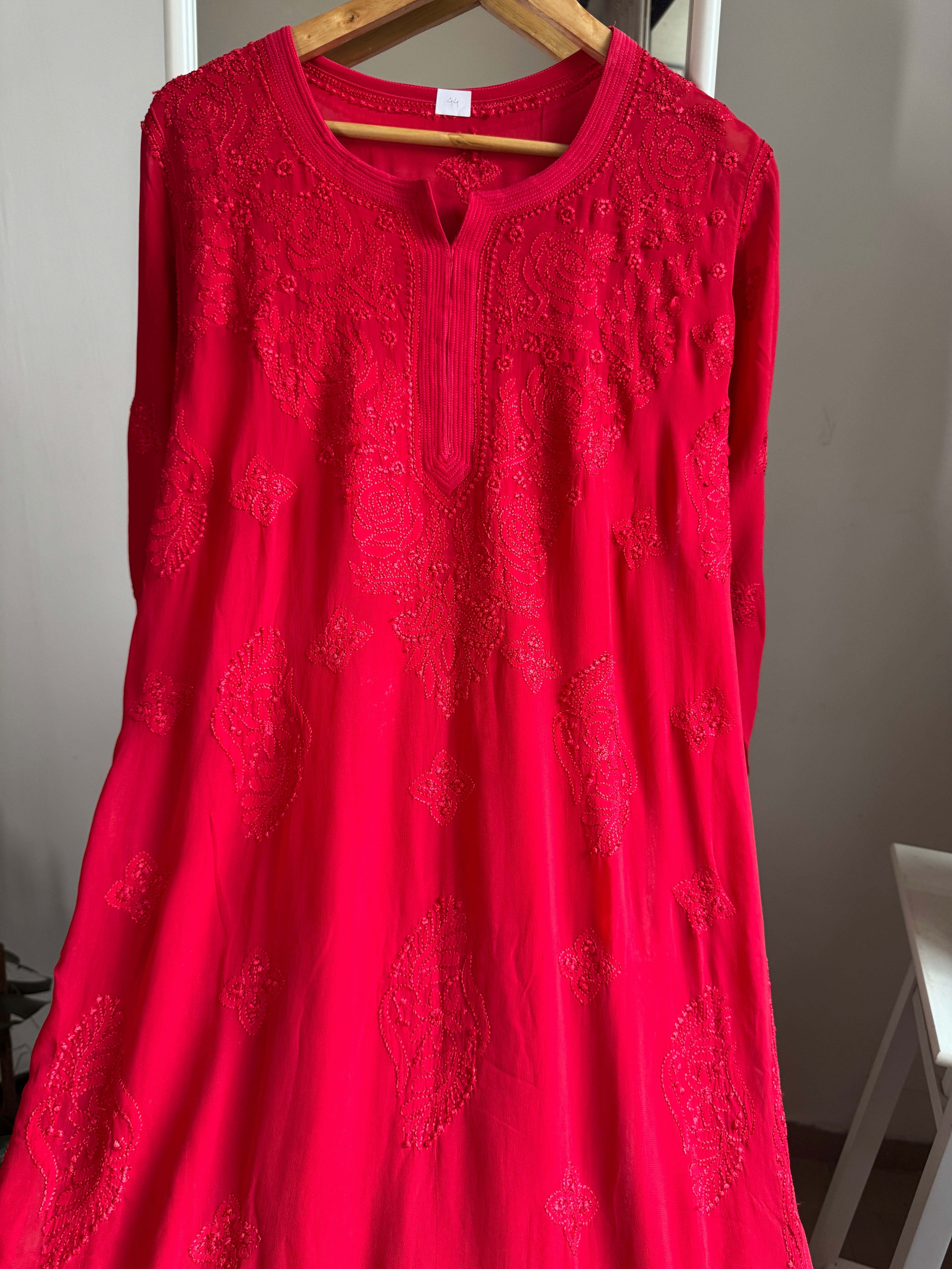 Viscose Kurti - Gala Booti- Red ARIAA CHIKANKARI 