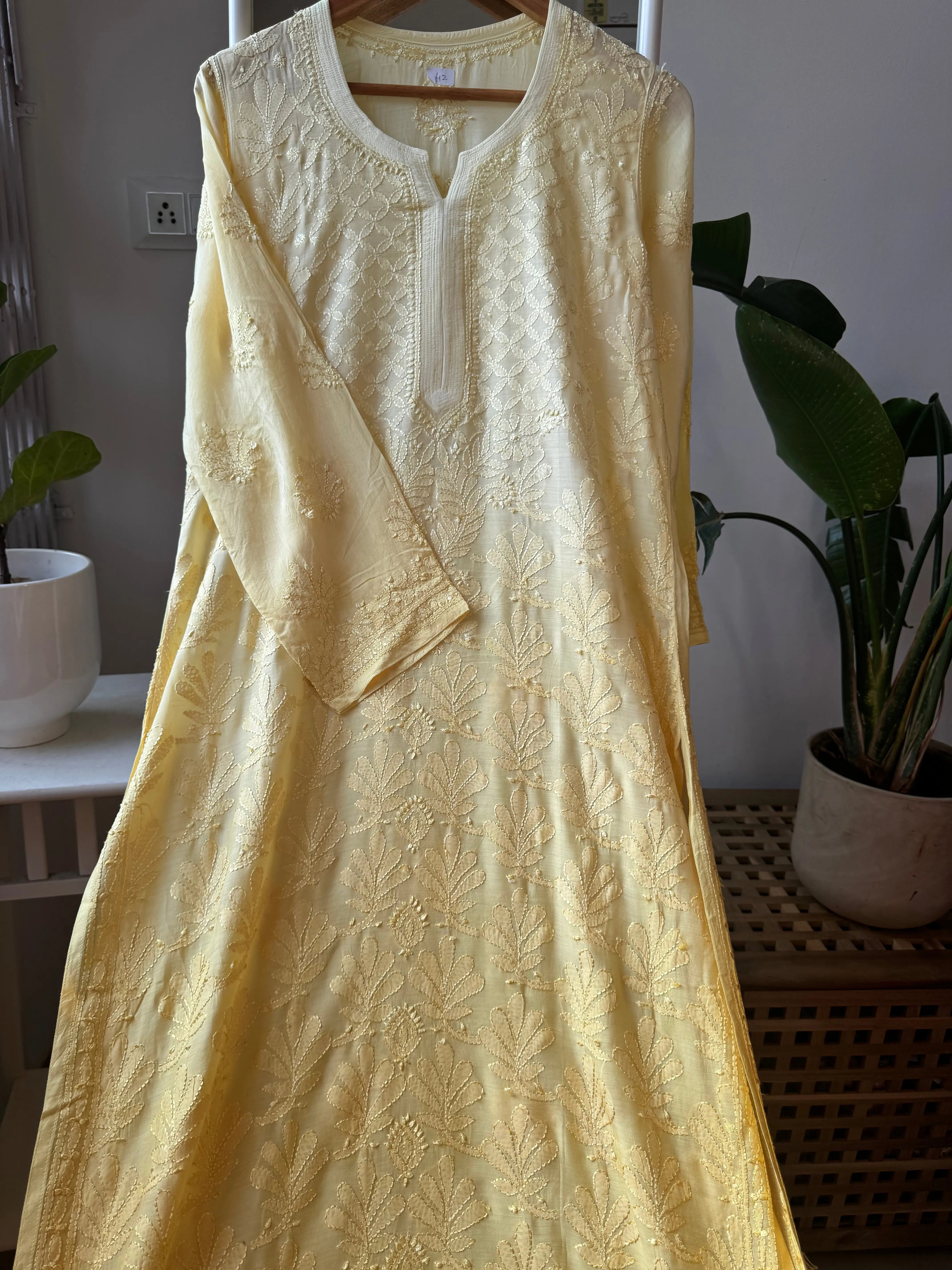 Muslin Chikankari Kurti - Canary Yellow Ombre ARIAA CHIKANKARI 