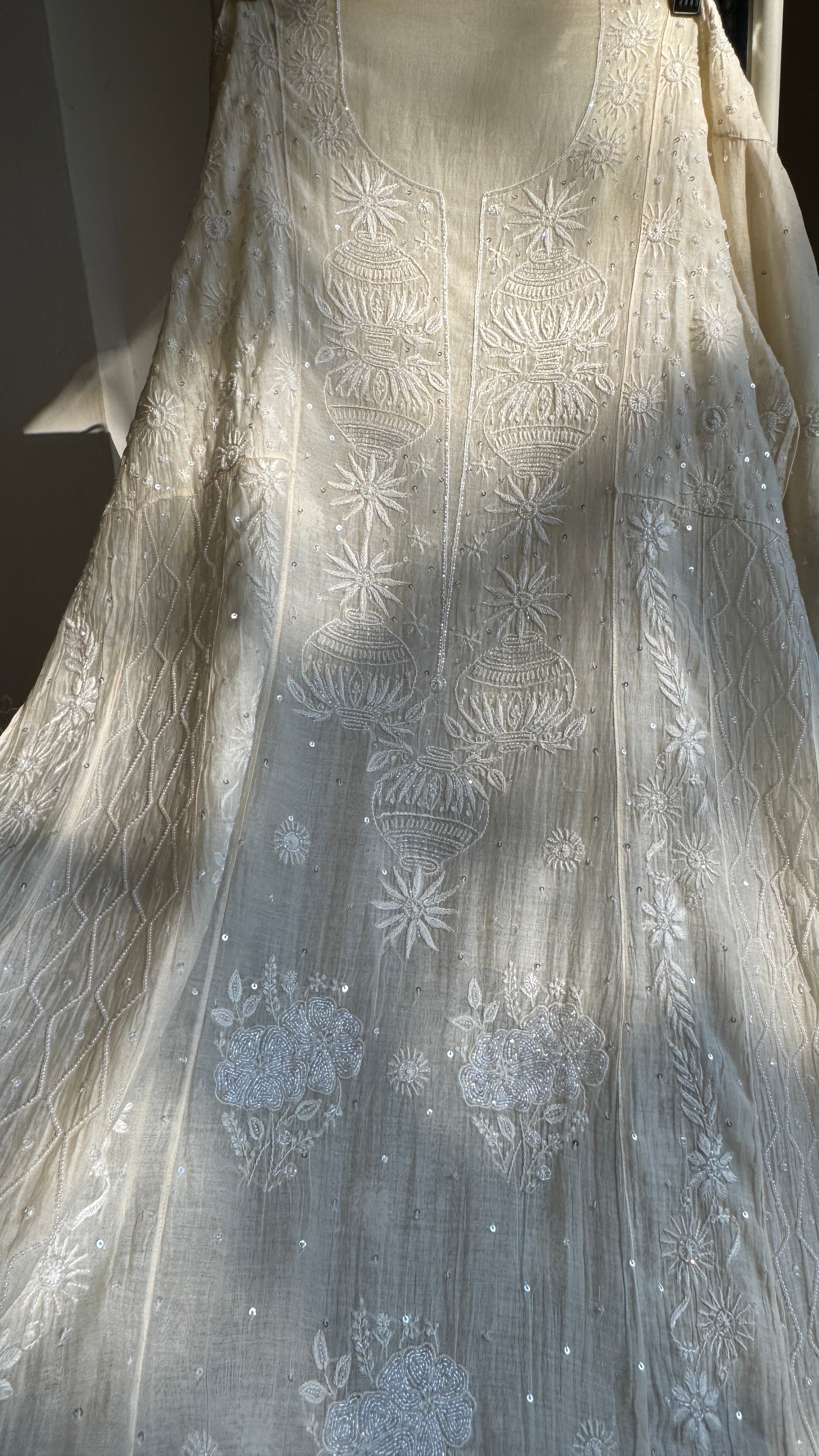 Mul Chanderi Chikankari Anarkali - White