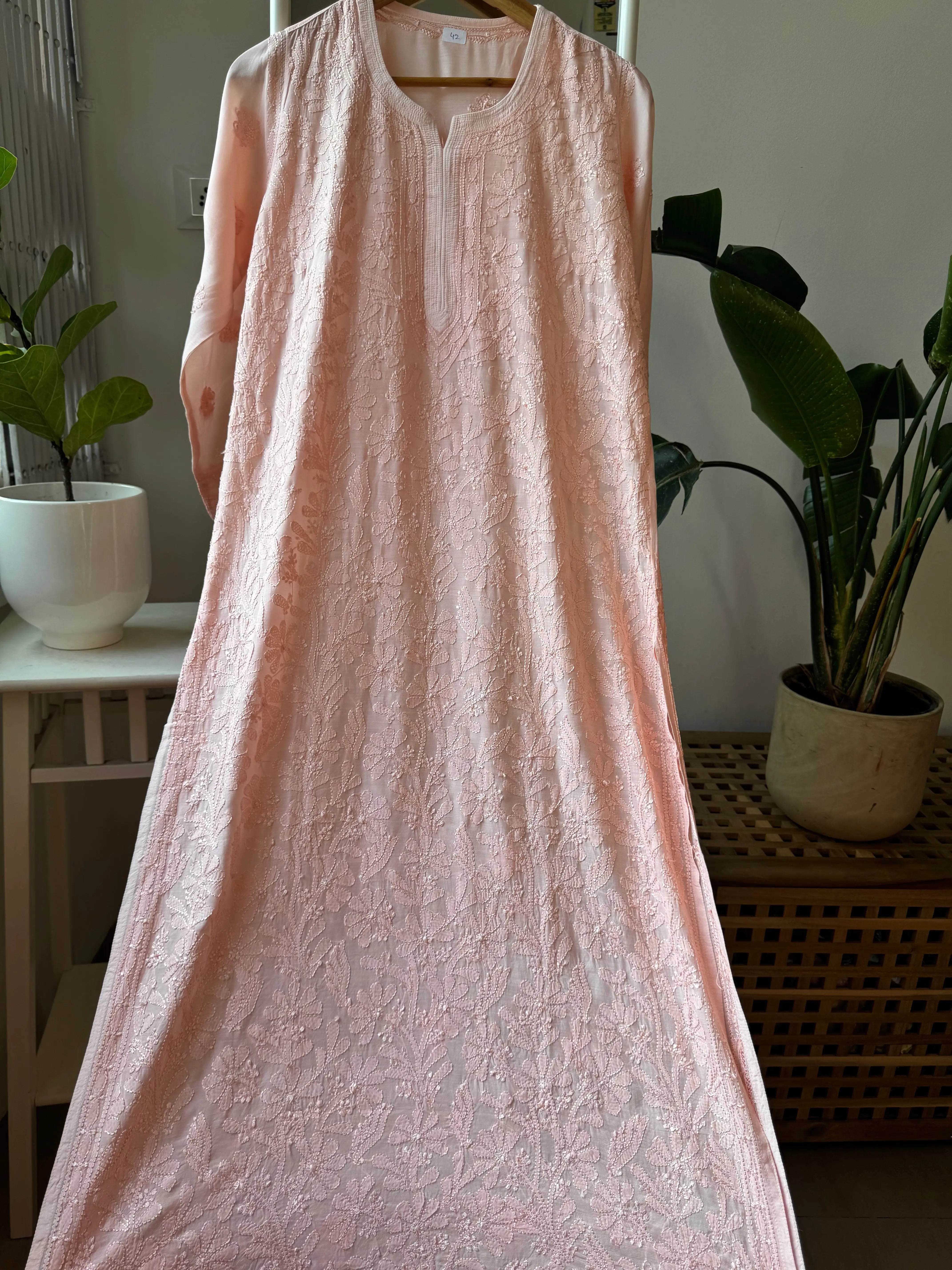 Muslin Chikankari Kurti - Pale Pink ARIAA CHIKANKARI 