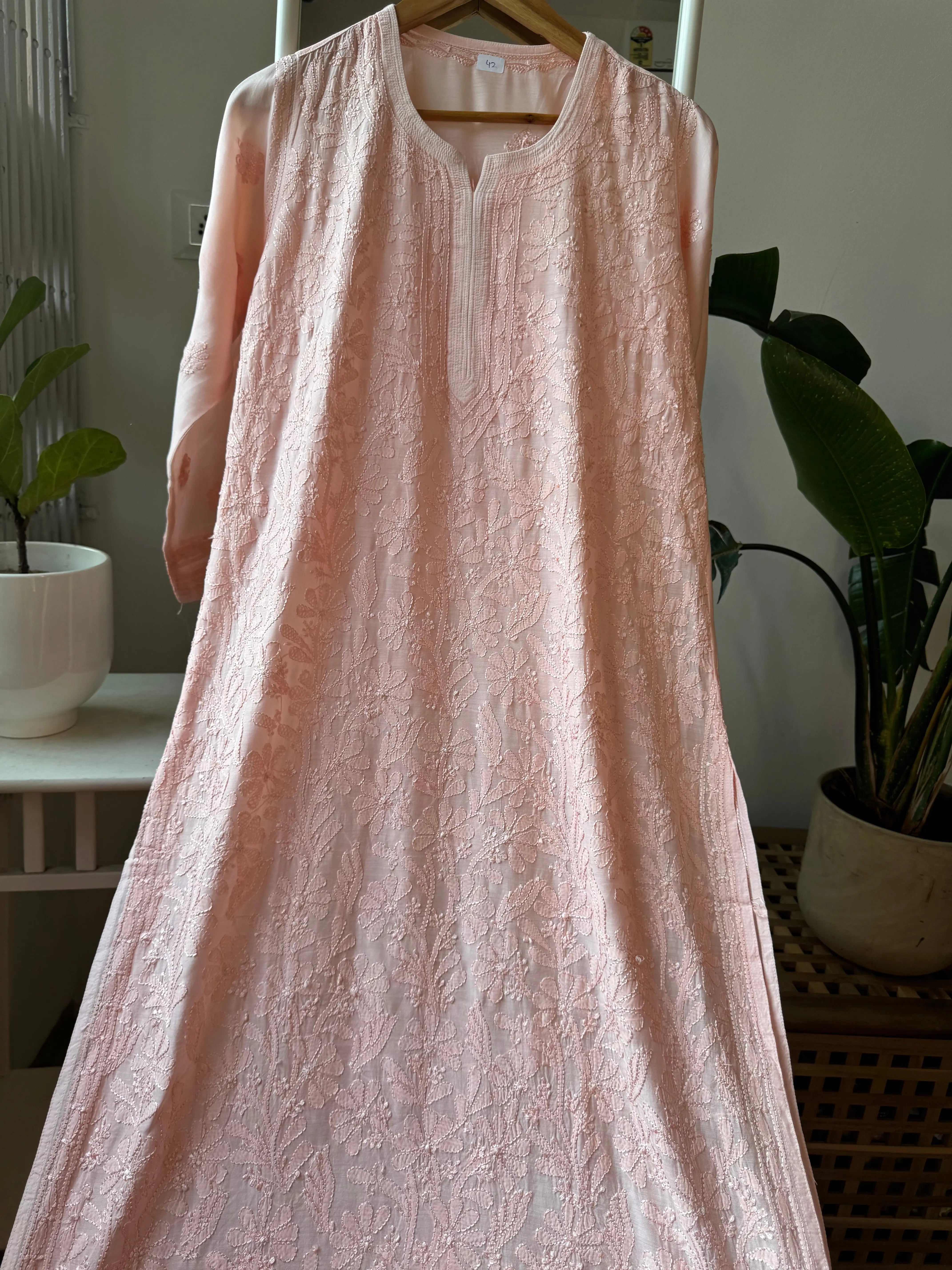 Muslin Chikankari Kurti - Pale Pink ARIAA CHIKANKARI 