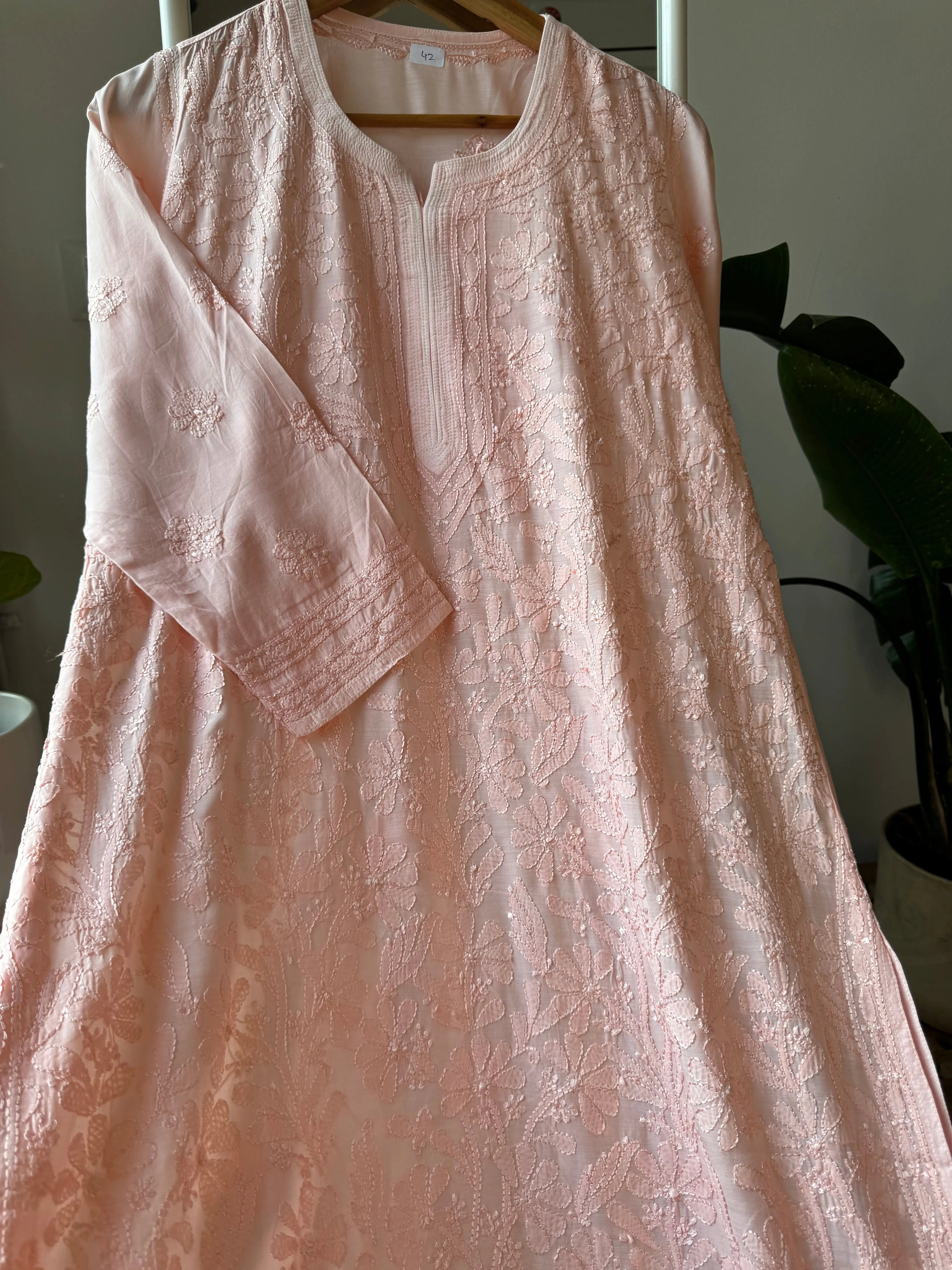 Muslin Chikankari Kurti - Pale Pink ARIAA CHIKANKARI 