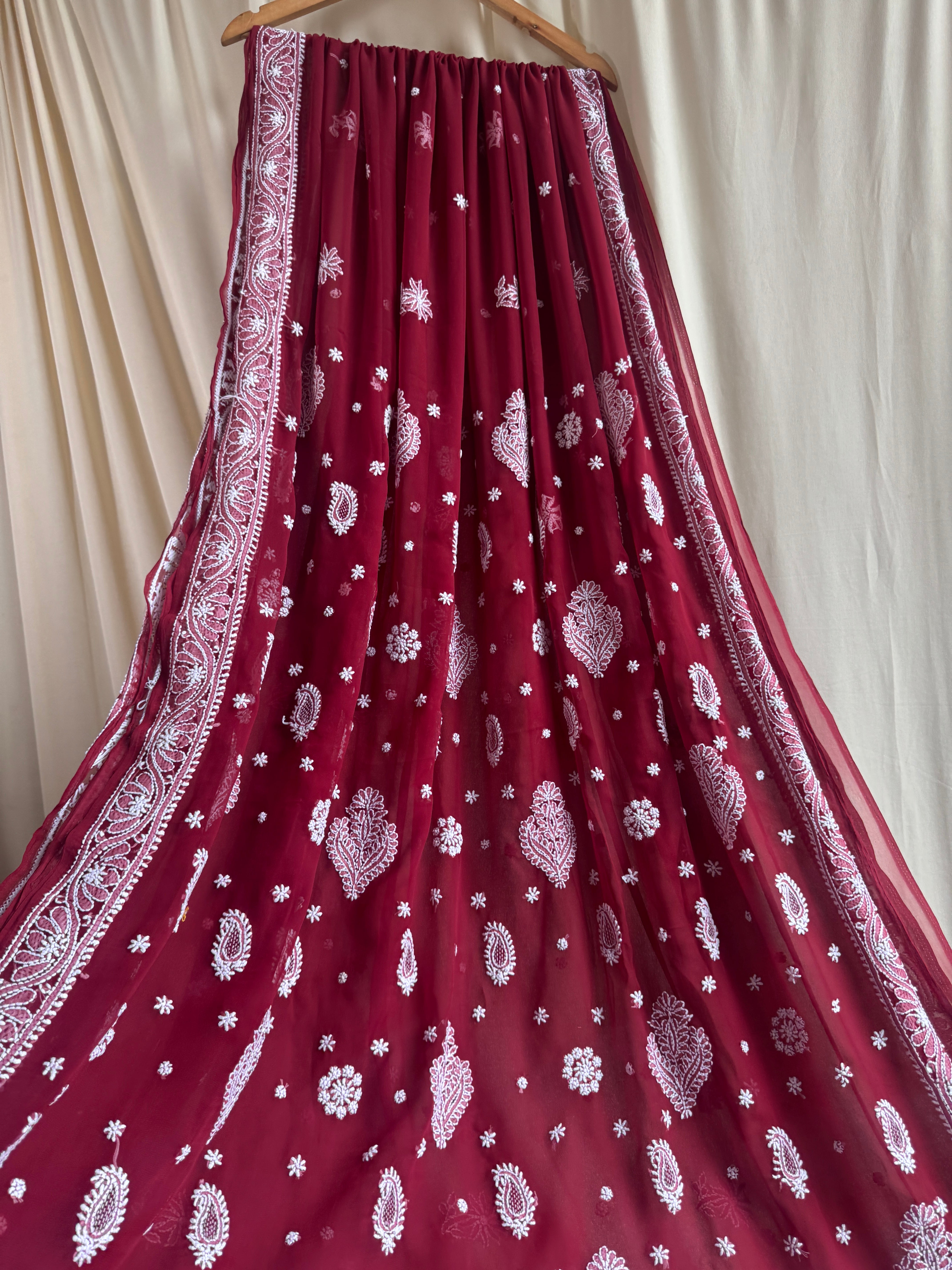 Georgette Chikankari saree in Maroon ARIAA CHIKANKARI 