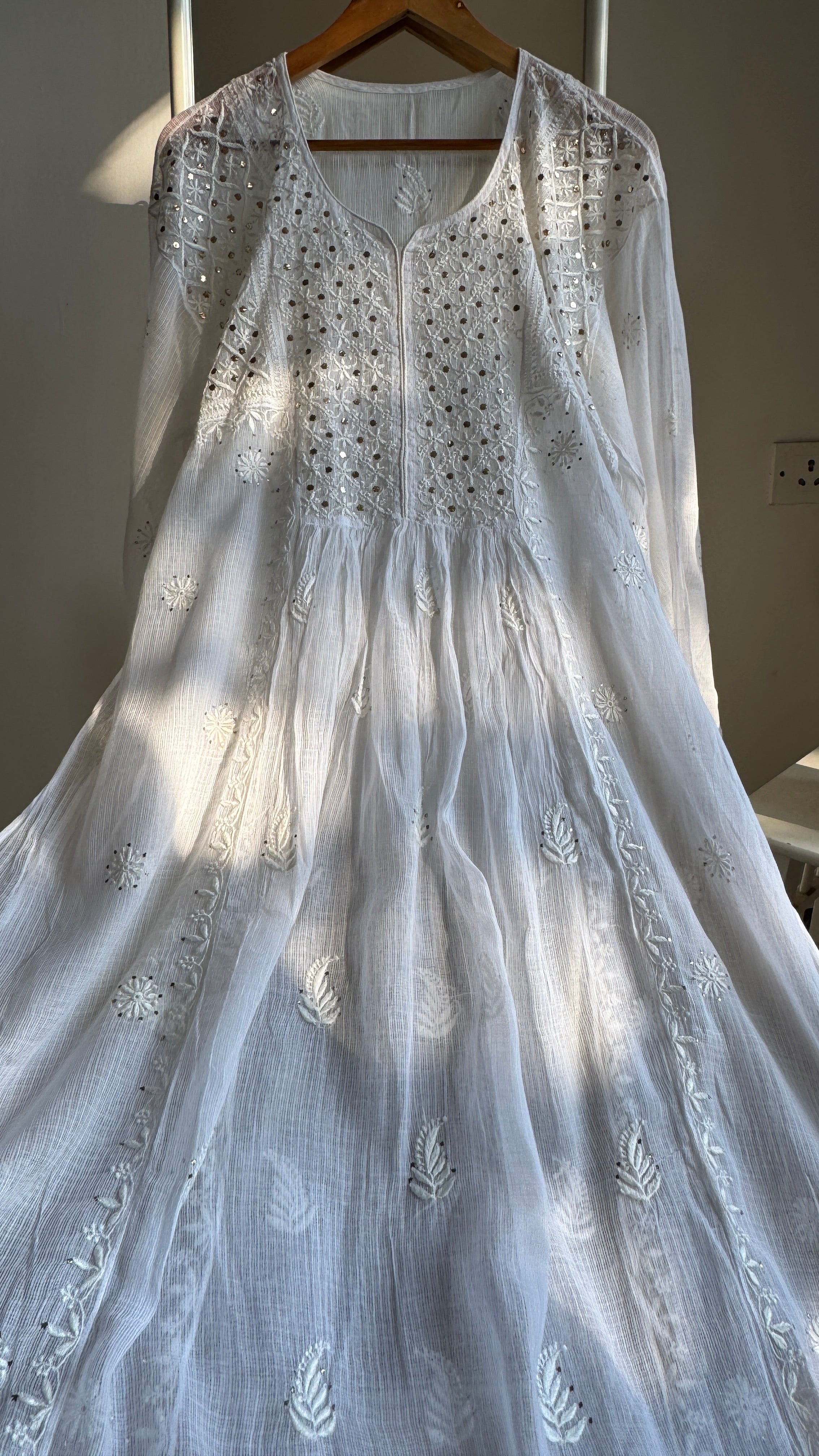 Mul Chanderi Chikankari Anarkali - White