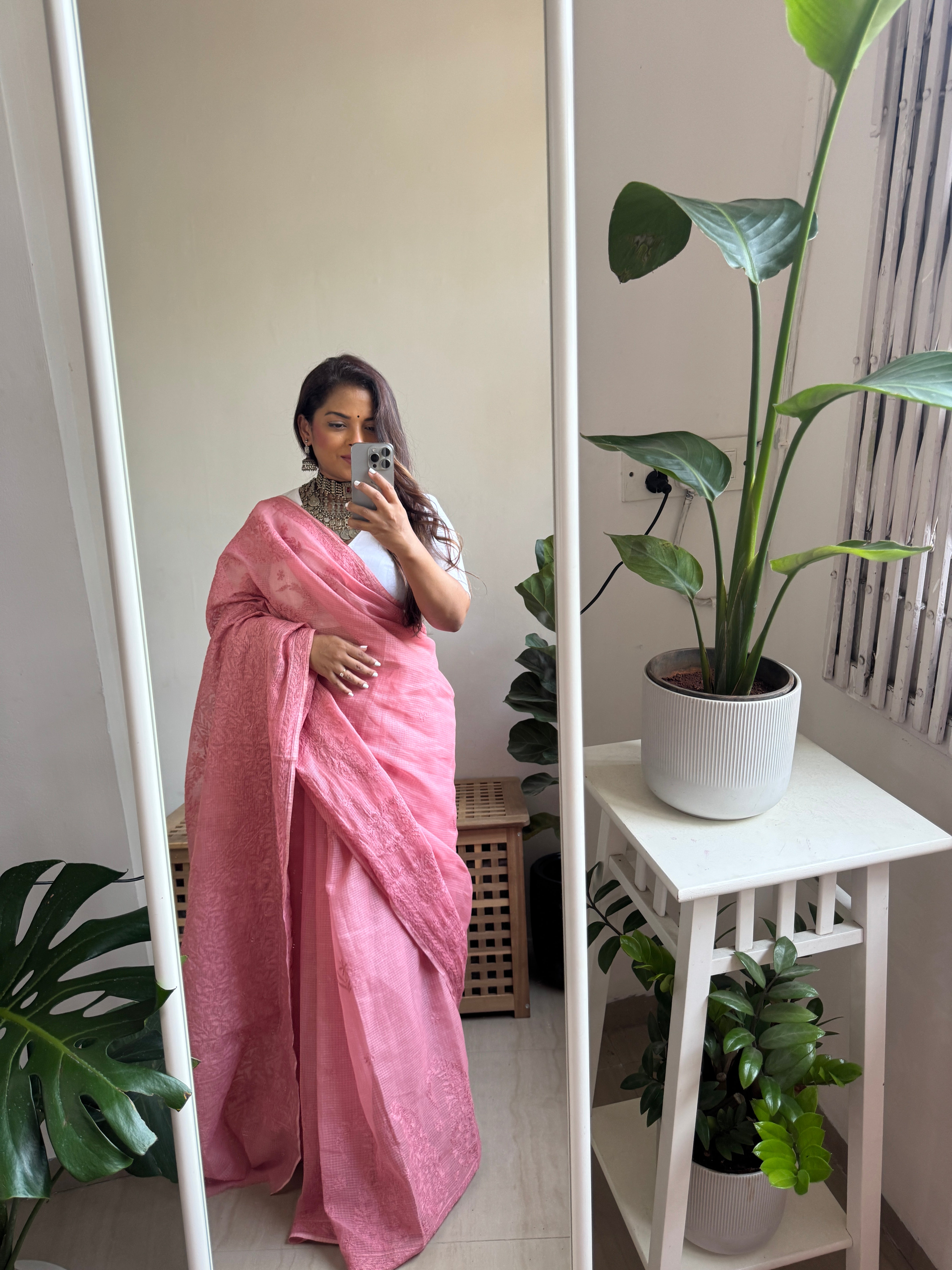 Kota Chikankari saree in Rosewood