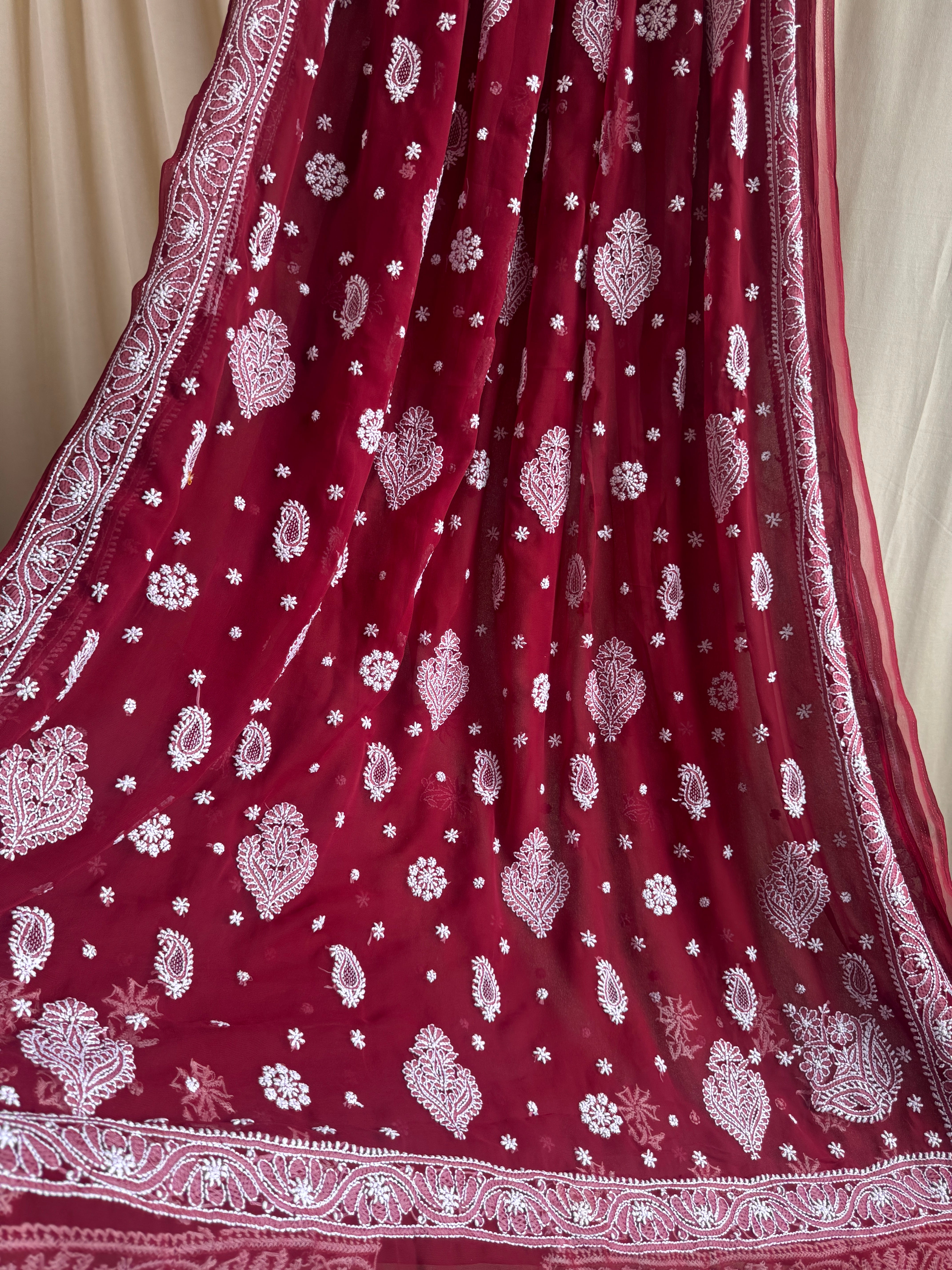Georgette Chikankari saree in Maroon ARIAA CHIKANKARI 