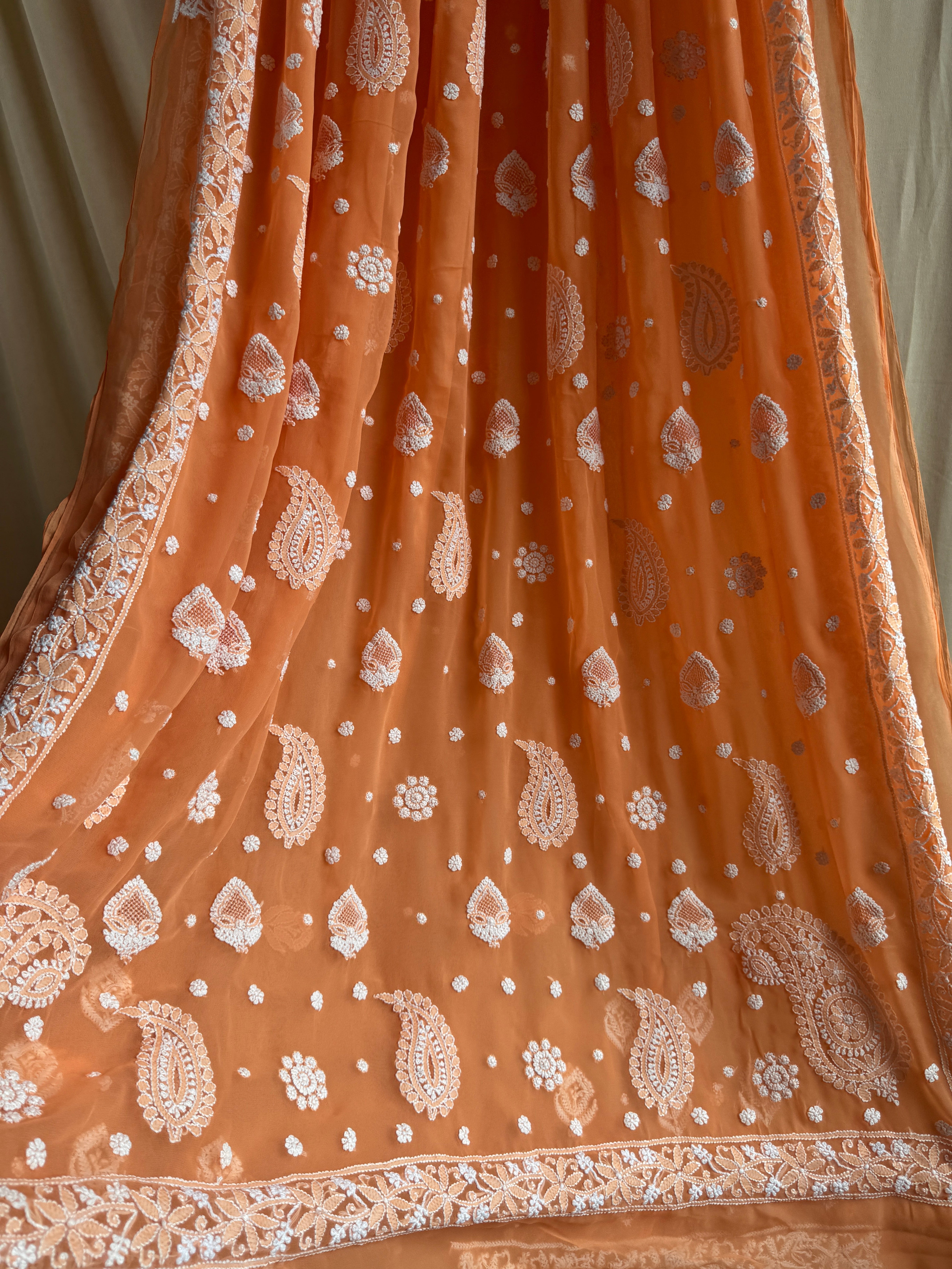 Georgette Chikankari saree in Sunset Orange ARIAA CHIKANKARI 