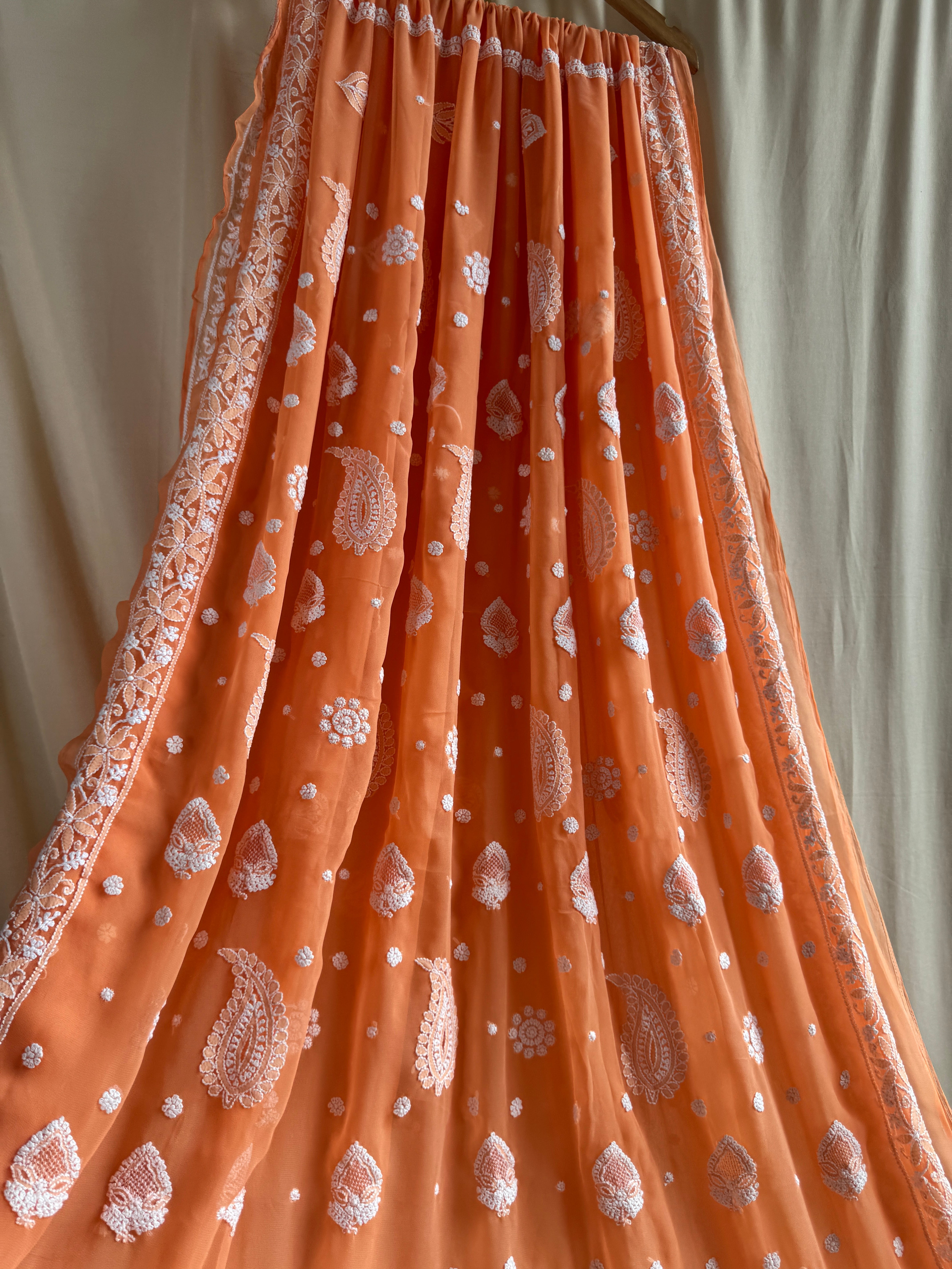 Georgette Chikankari saree in Sunset Orange ARIAA CHIKANKARI 