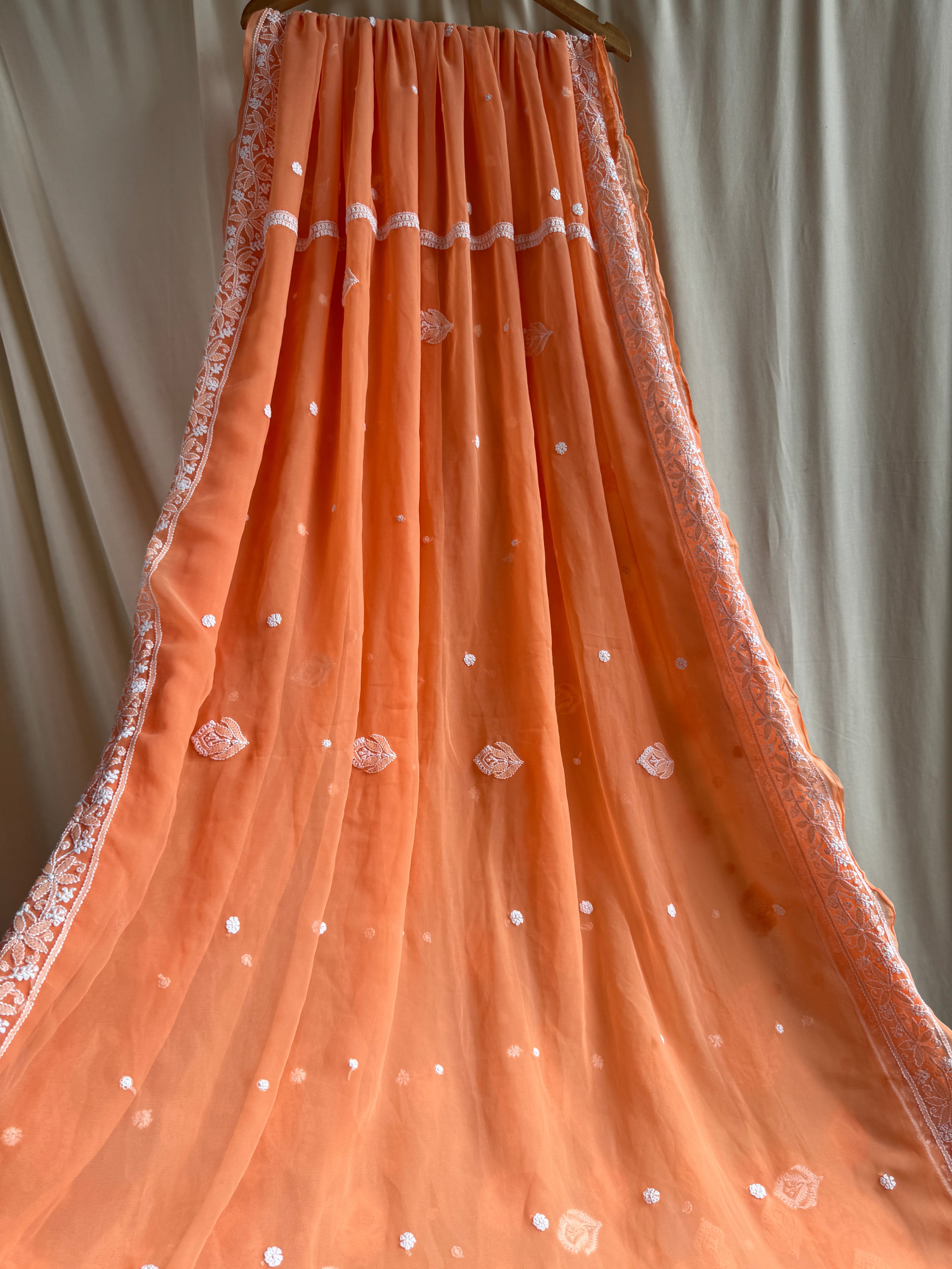 Georgette Chikankari saree in Sunset Orange ARIAA CHIKANKARI 