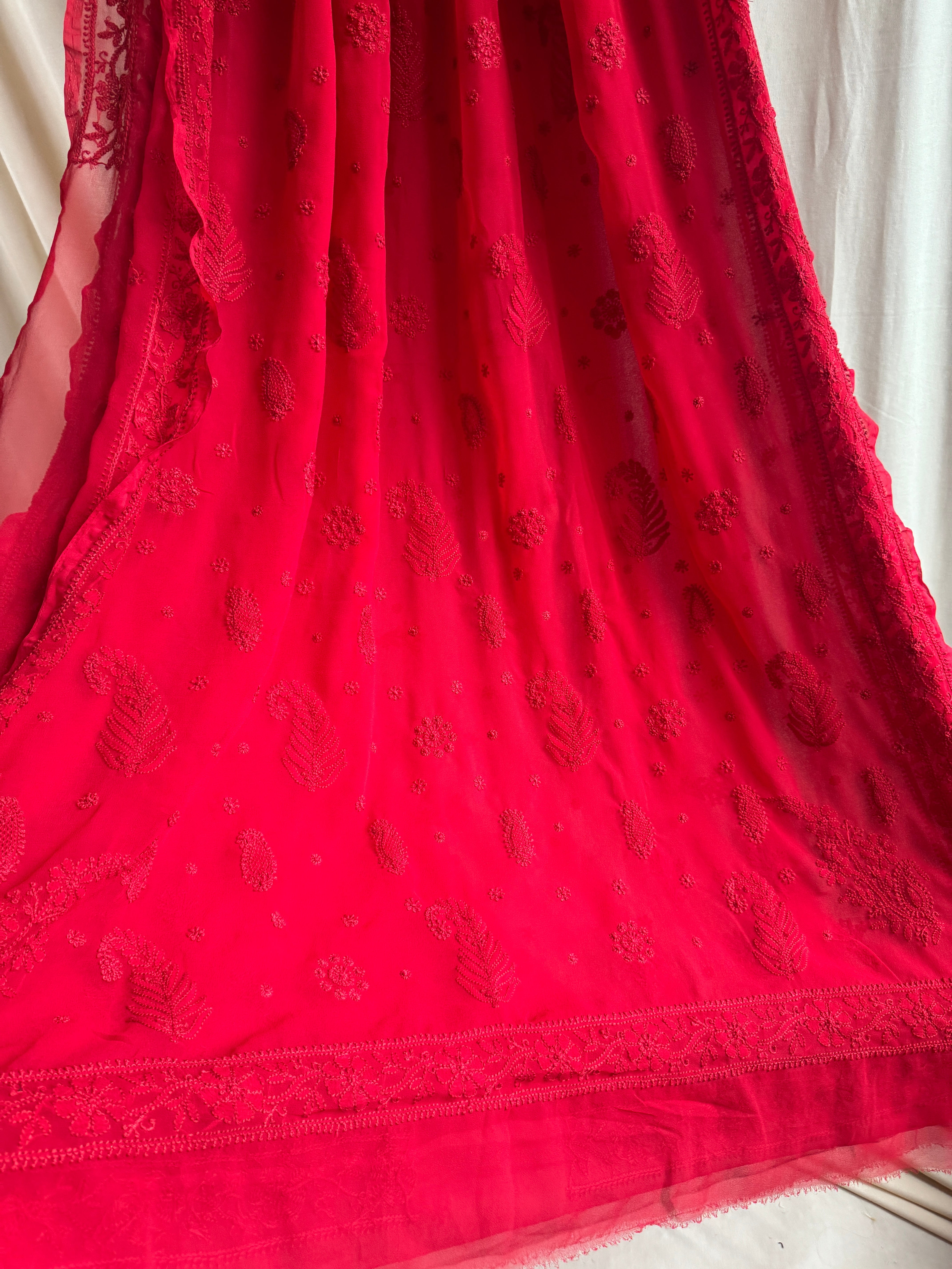 Georgette Chikankari saree in Red ARIAA CHIKANKARI 