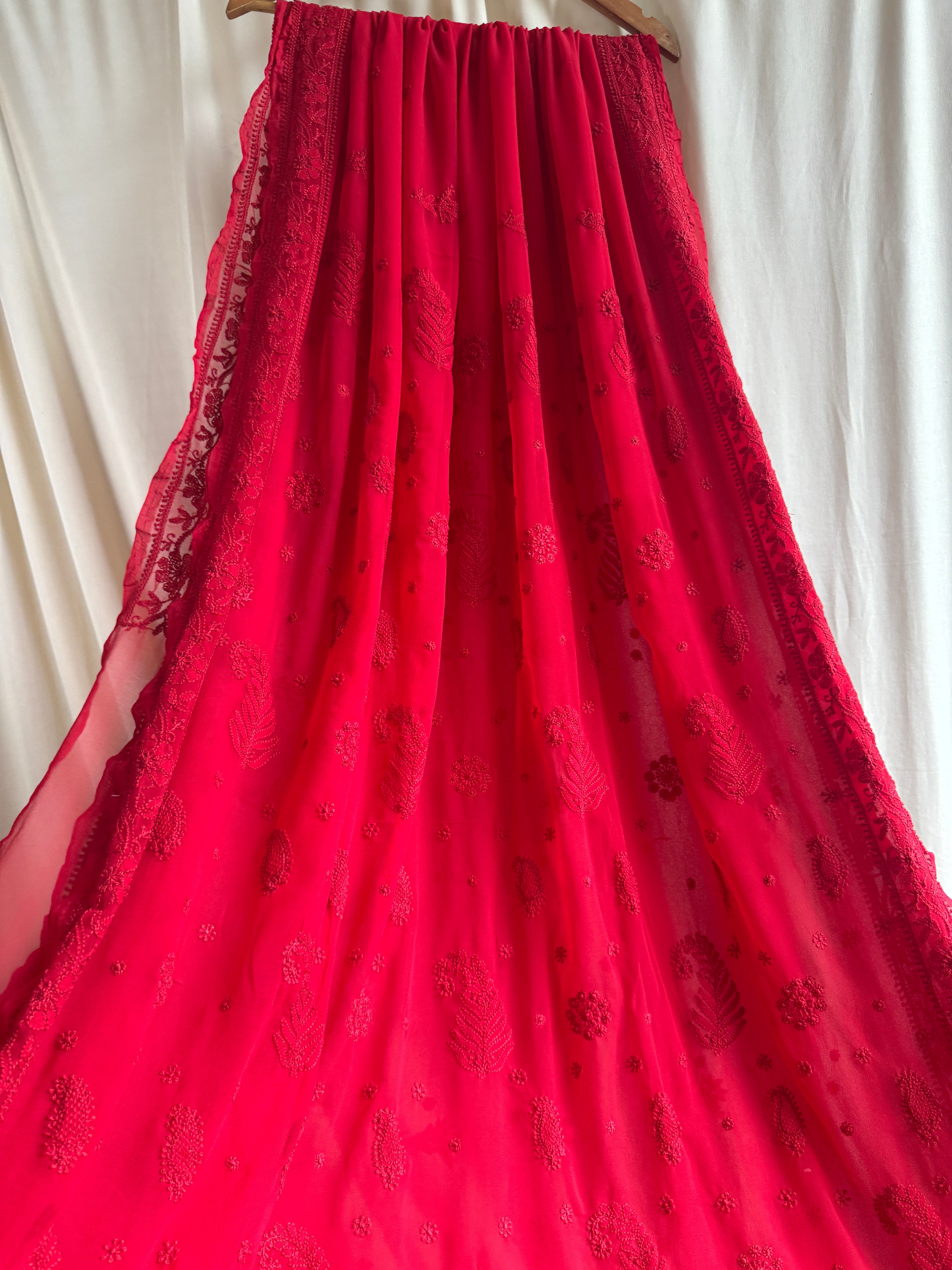 Georgette Chikankari saree in Red ARIAA CHIKANKARI 