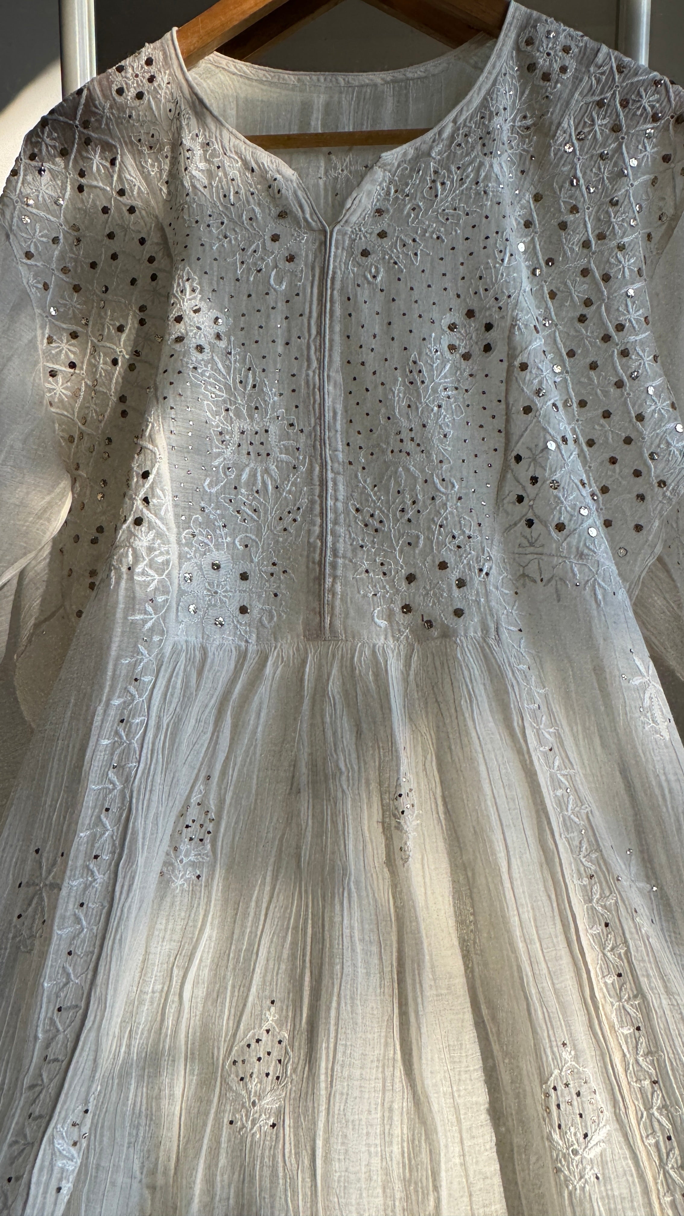 Mul Chanderi Chikankari Anarkali - White