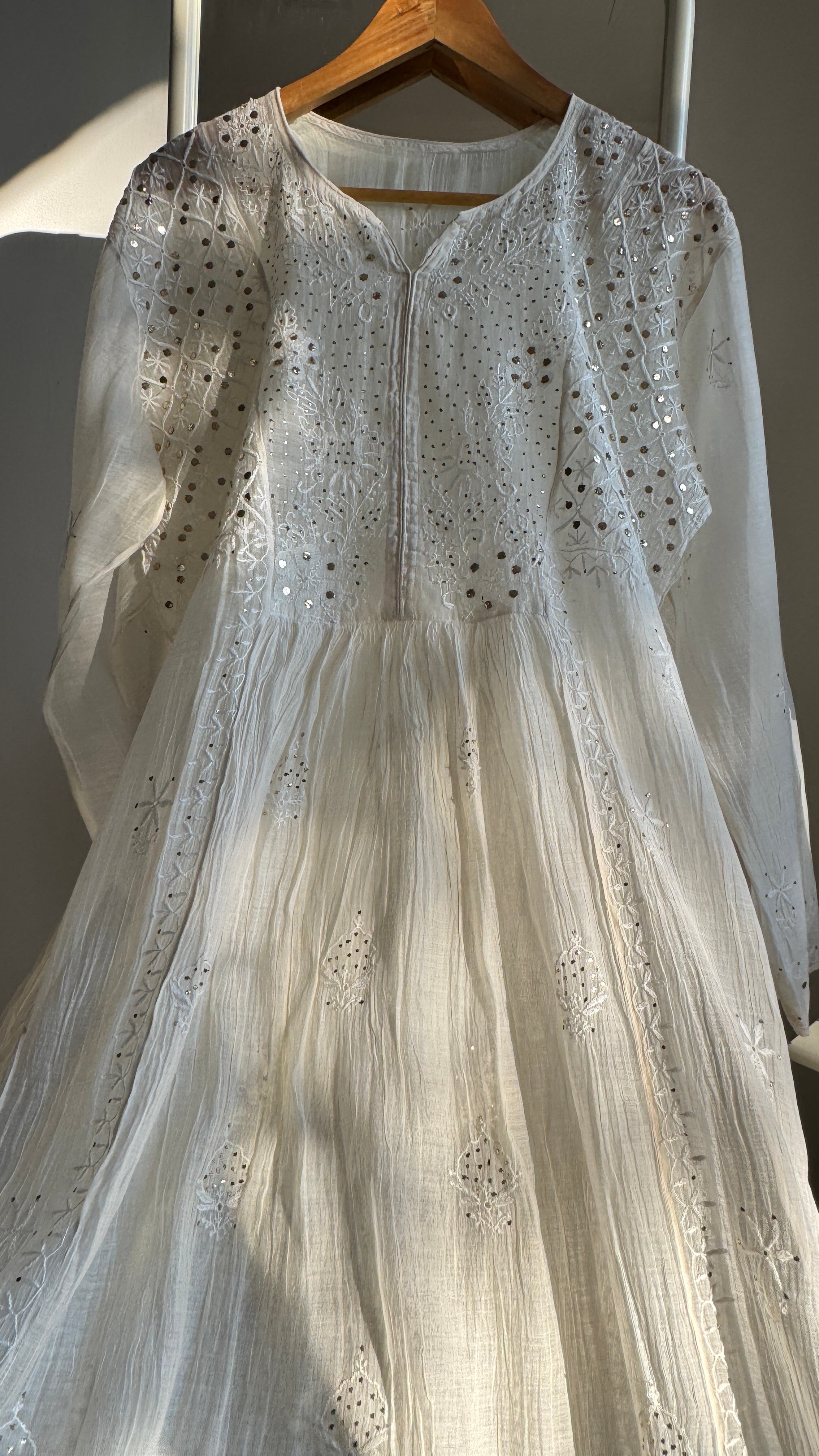 Mul Chanderi Chikankari Anarkali - White