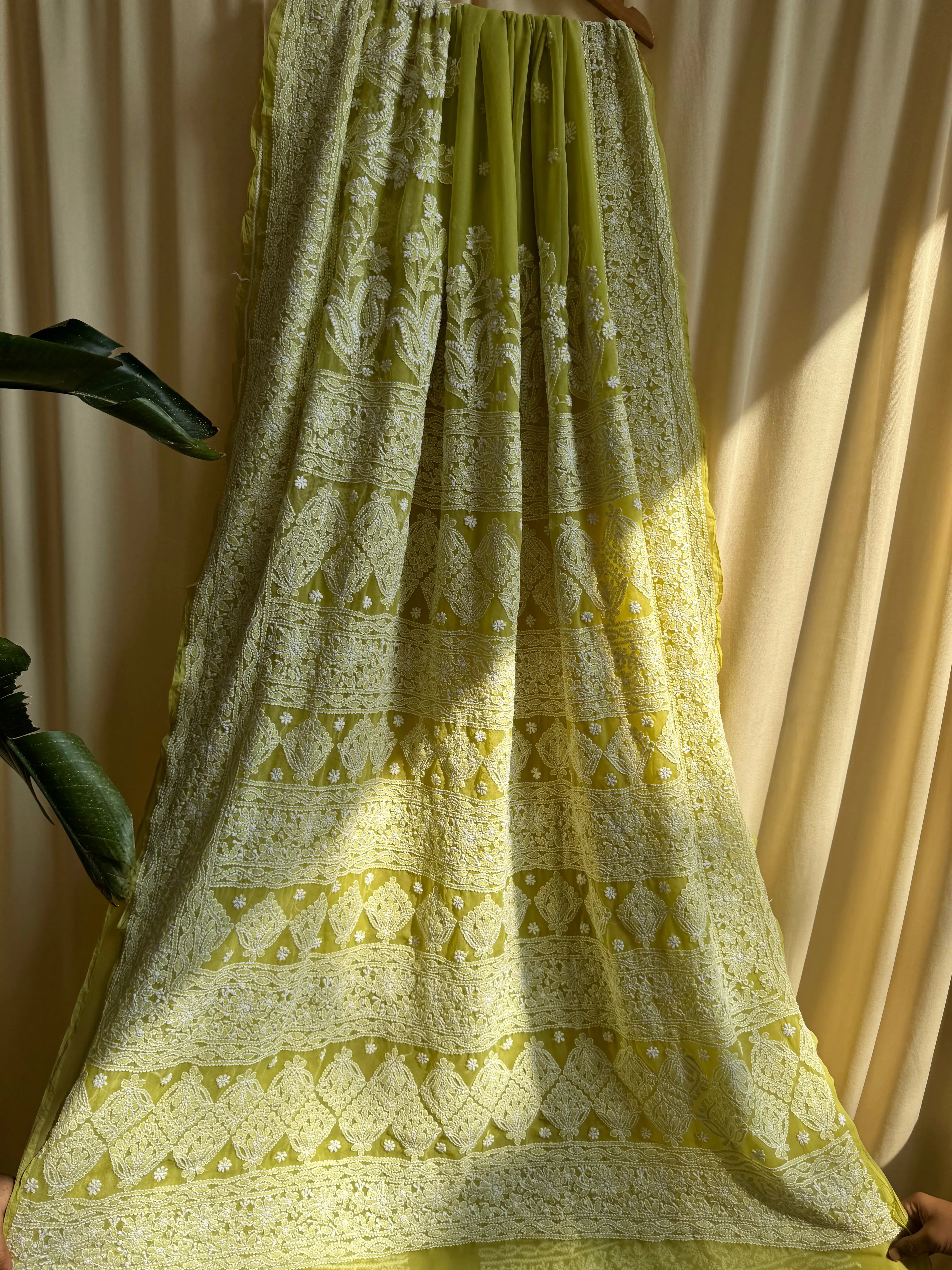 Georgette Chikankari saree in Mehndi Green ARIAA CHIKANKARI 