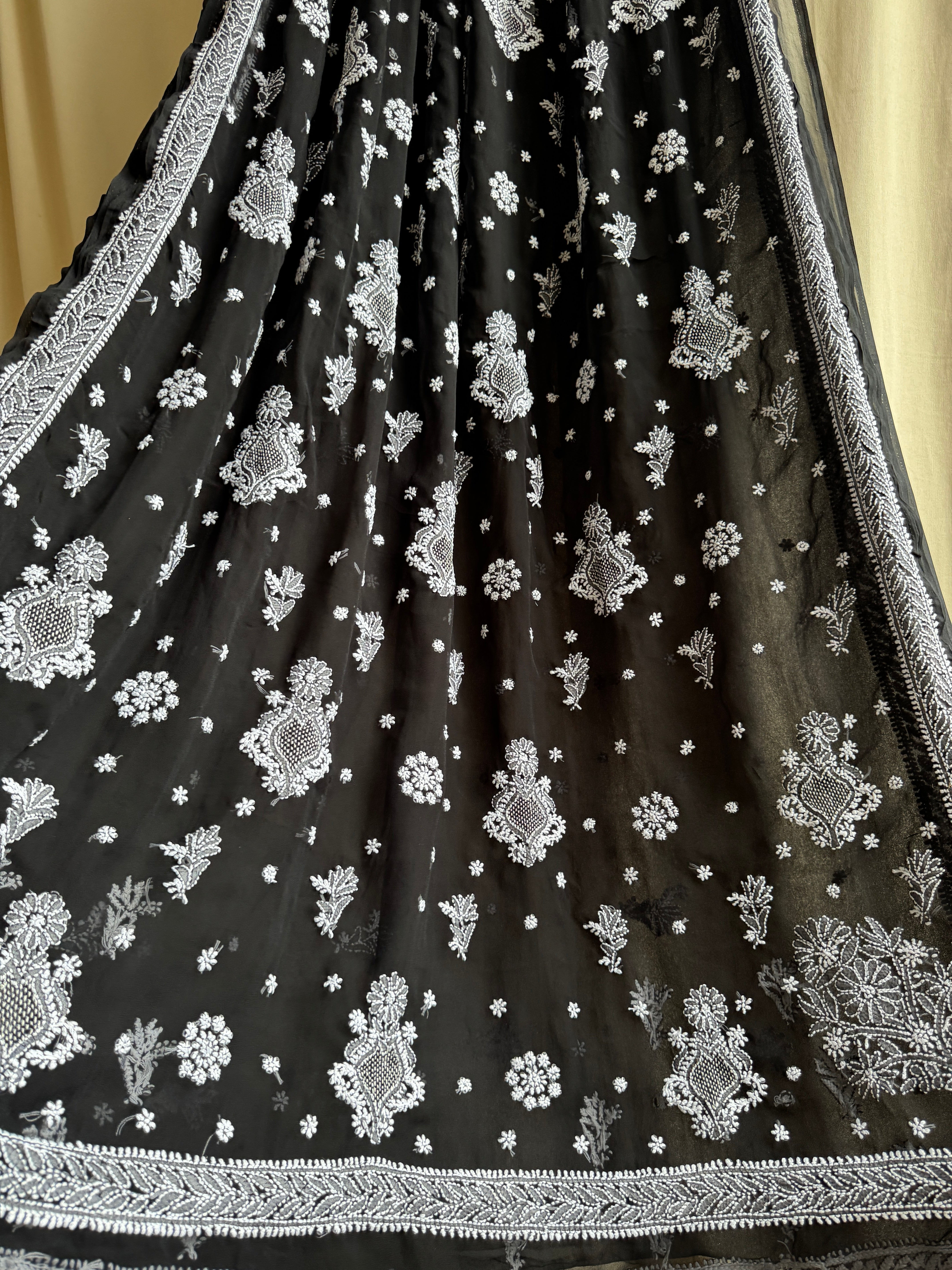 Georgette Chikankari saree in Black ARIAA CHIKANKARI 