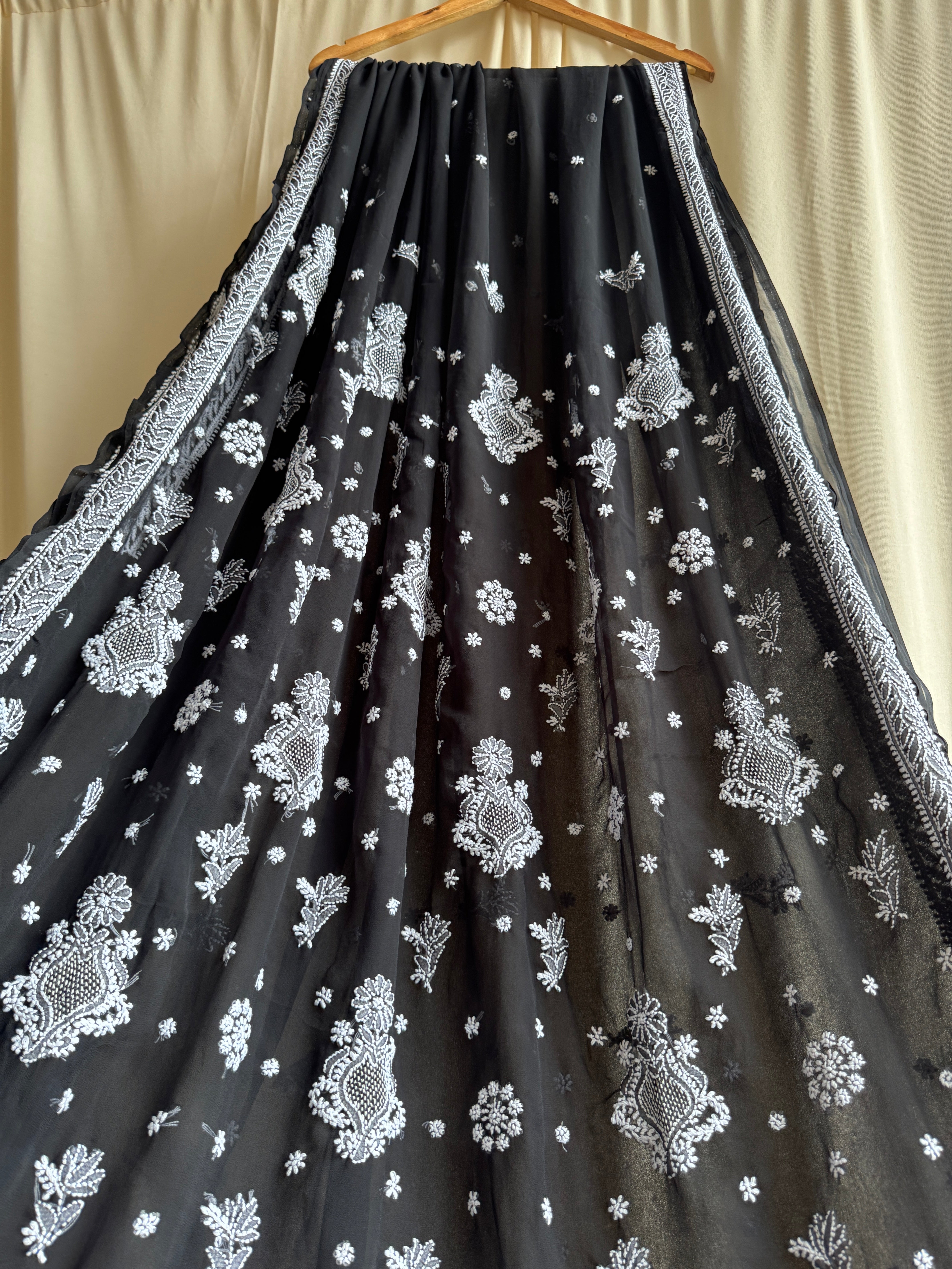 Georgette Chikankari saree in Black ARIAA CHIKANKARI 