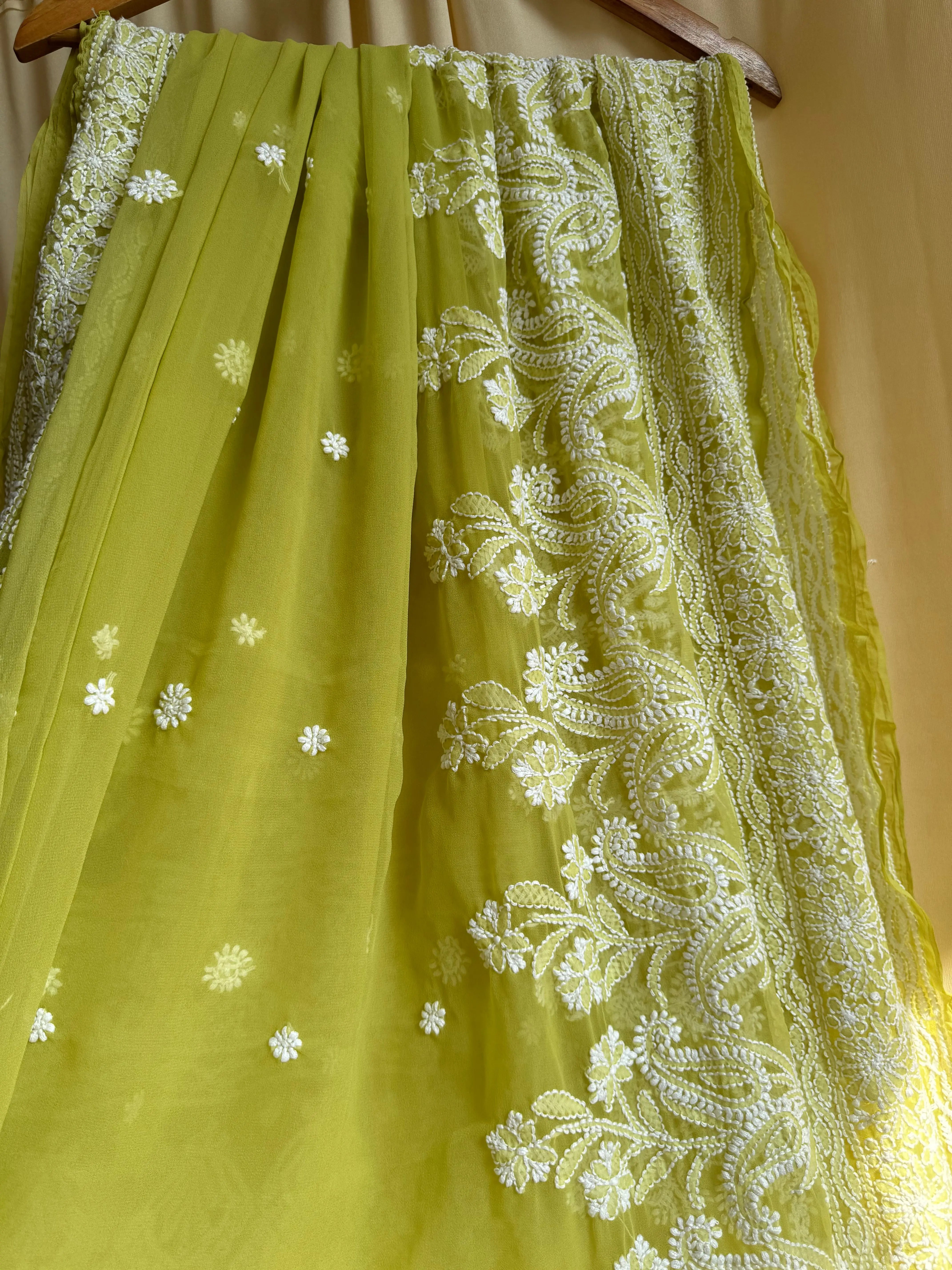 Georgette Chikankari saree in Mehndi Green ARIAA CHIKANKARI 