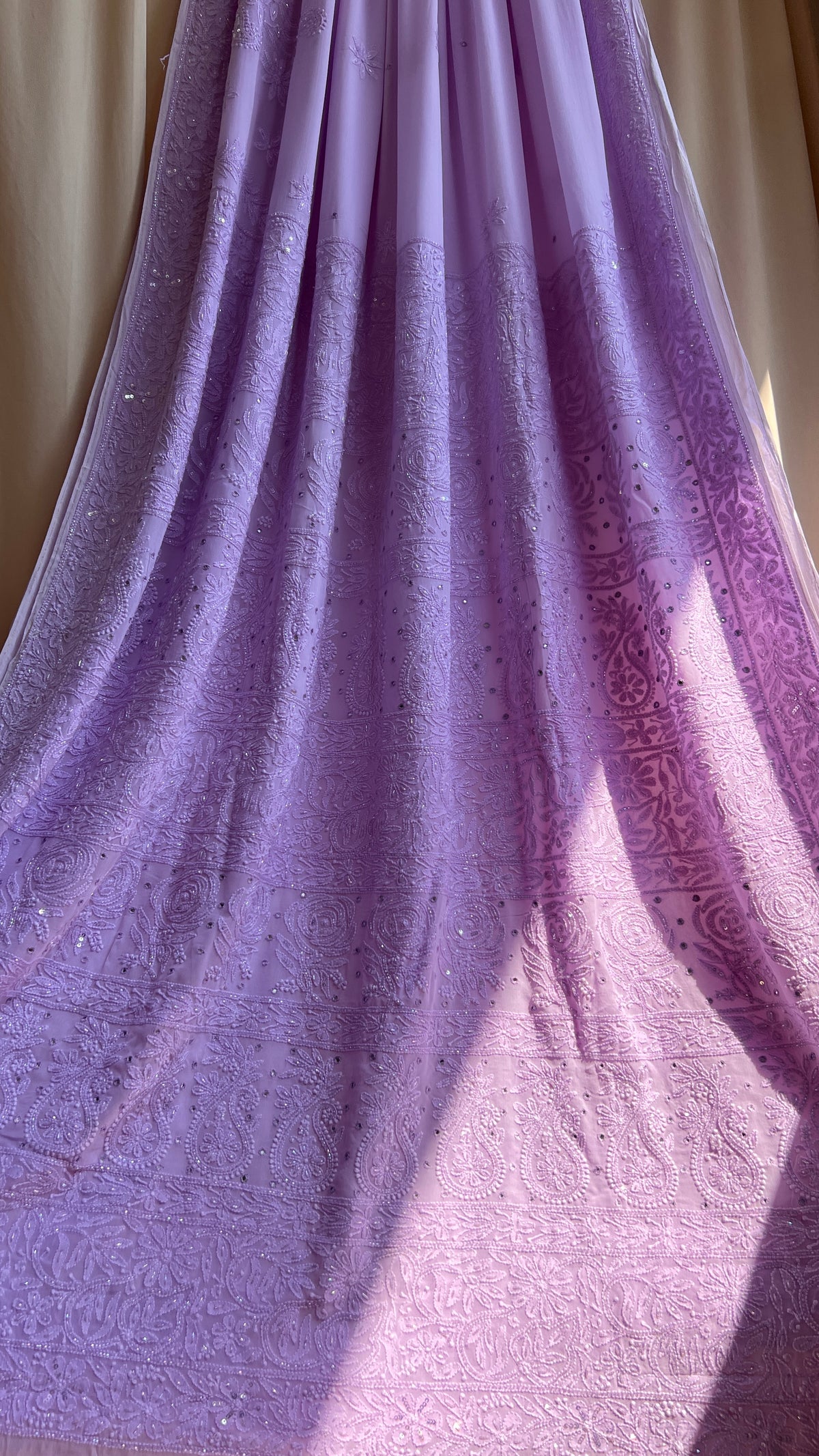 Viscose Lavender Chikankari saree with Pearl embellishments